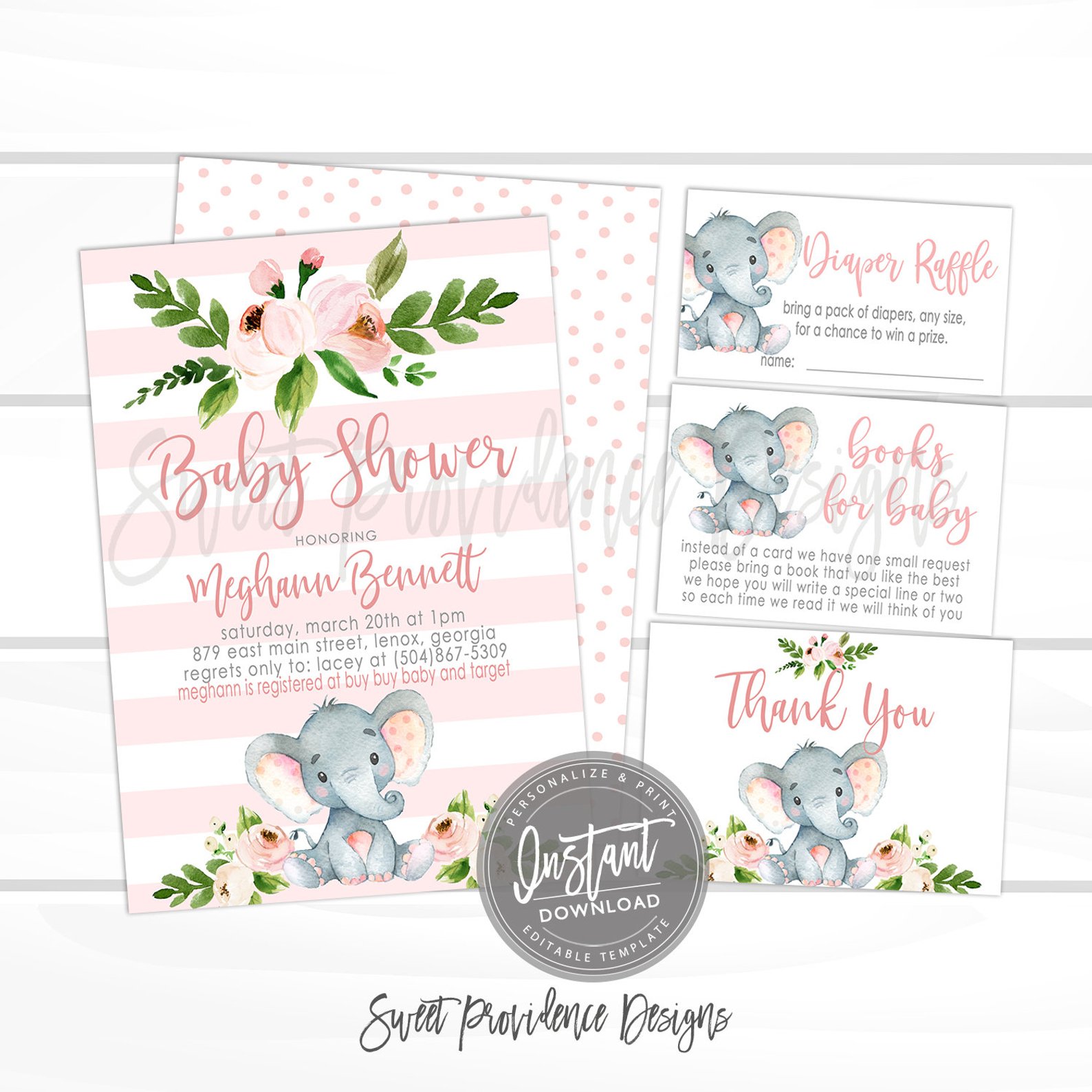 Baby Shower Elephant Pink Floral Stripe Kit 540820001 design preview