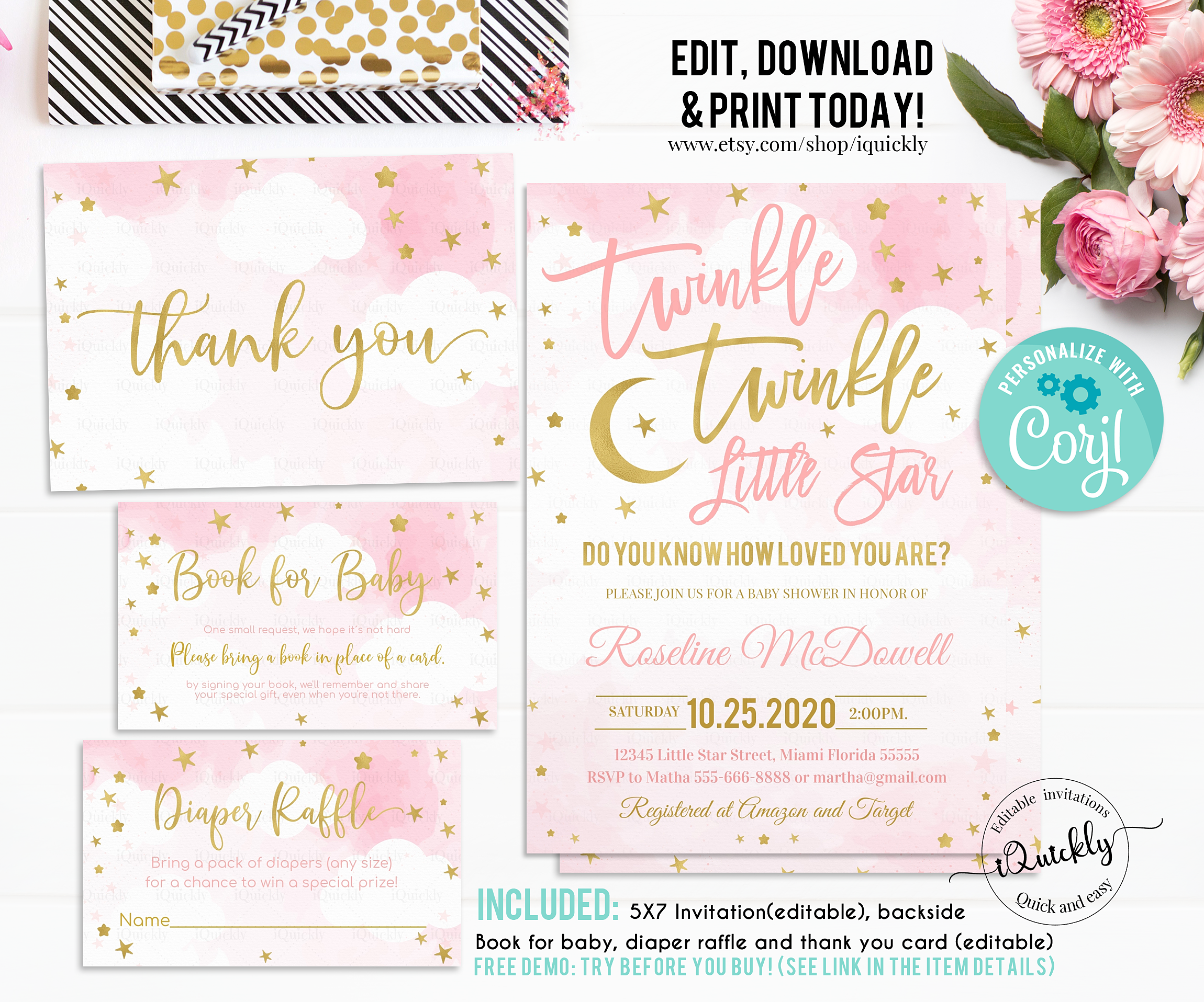 Twinkle twinkle little star pink invitation Set design preview