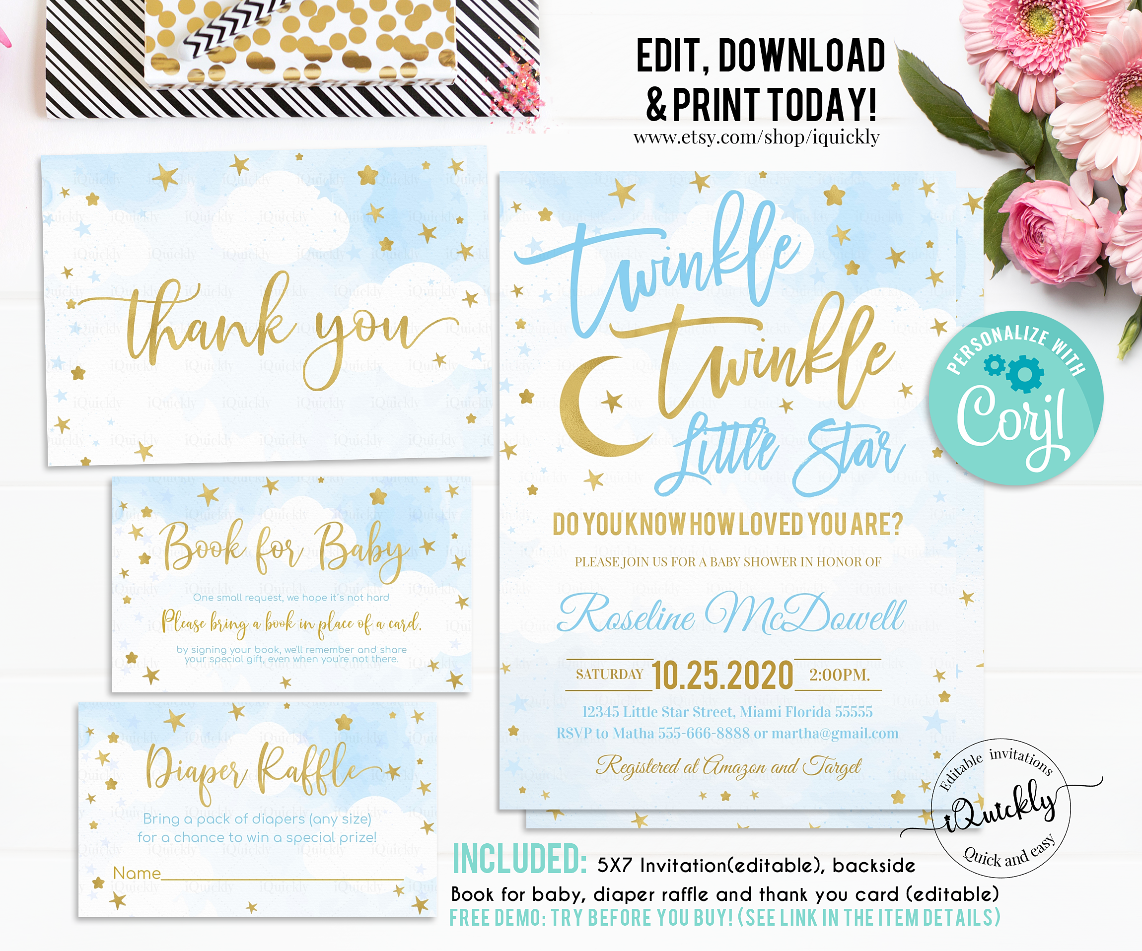 Twinkle twinkle little star blue invitation set design preview