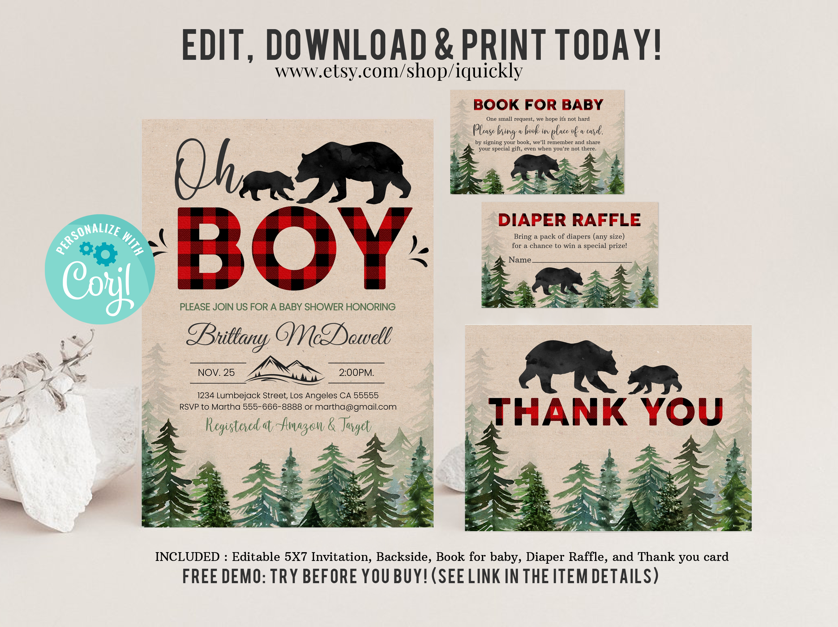 LBS - Lumberjack Baby shower invitation SET design preview