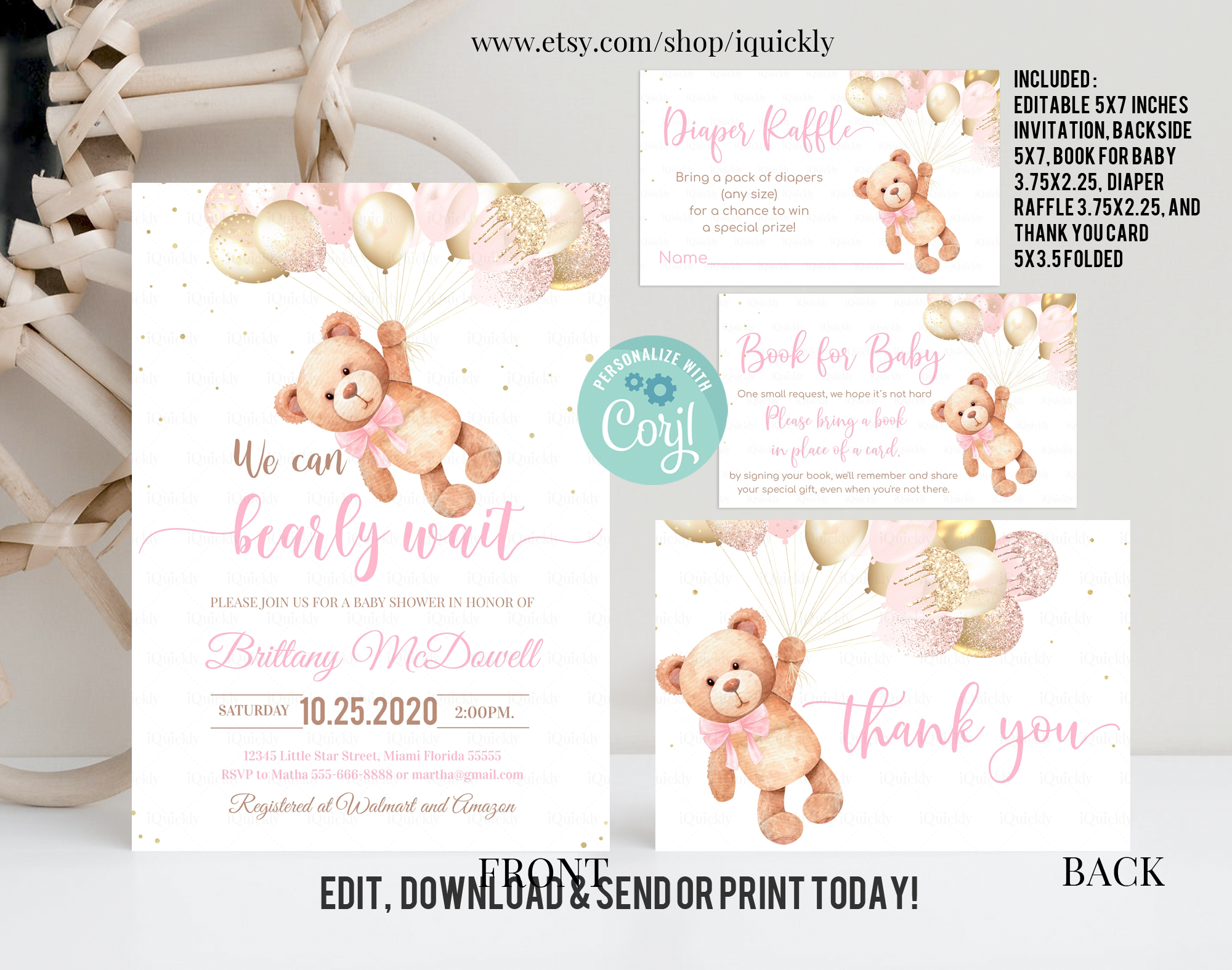 TBI4 - Teddy bear baby shower invitation set design preview