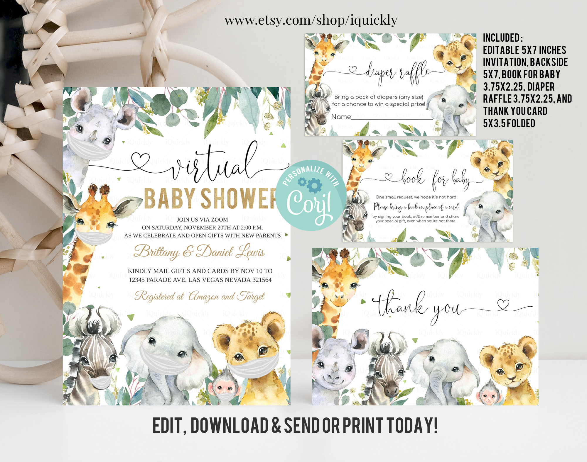 VSB4 - Safari virtual baby shower invitation set design preview