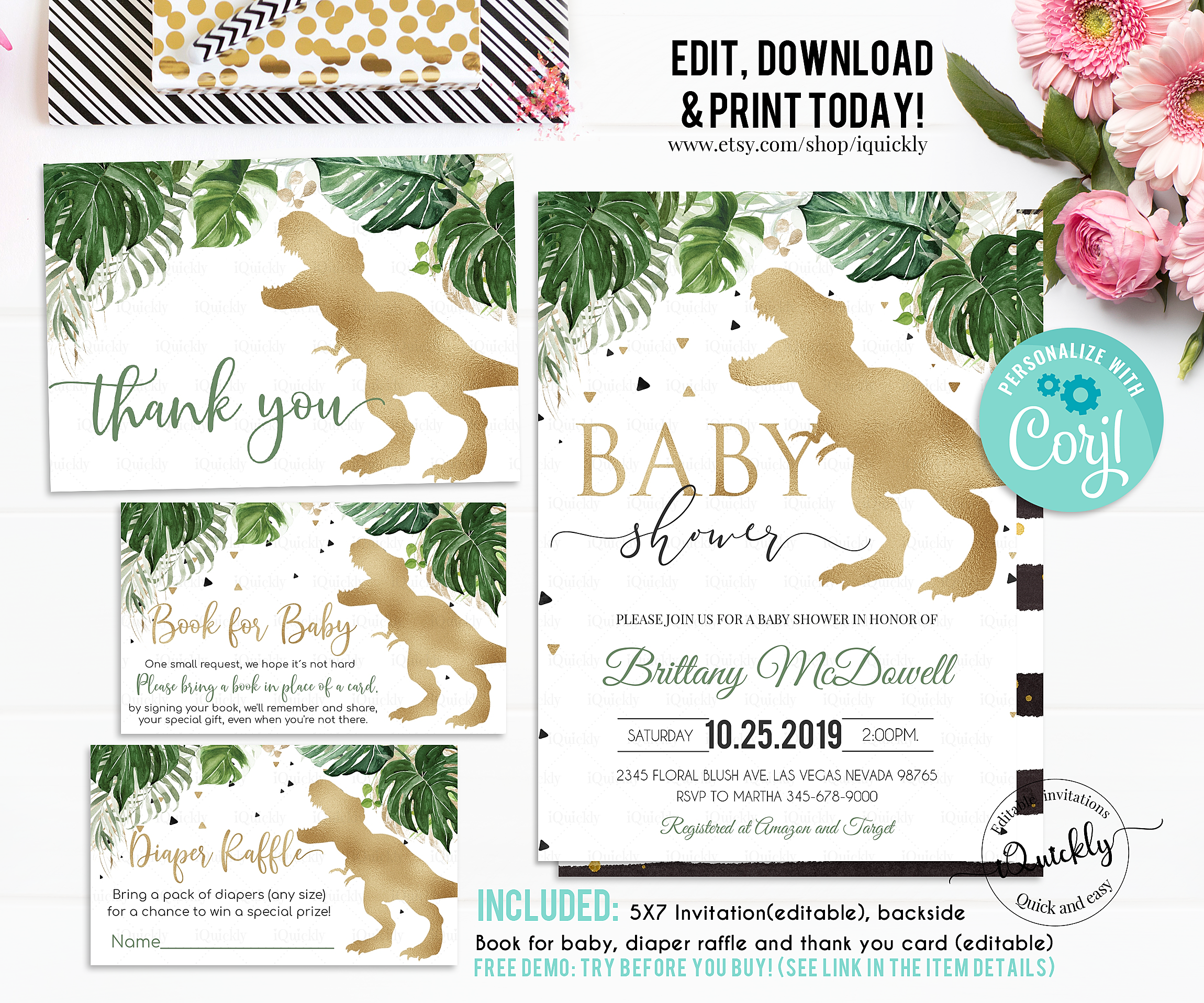 Dinosaur baby shower set 1 design preview