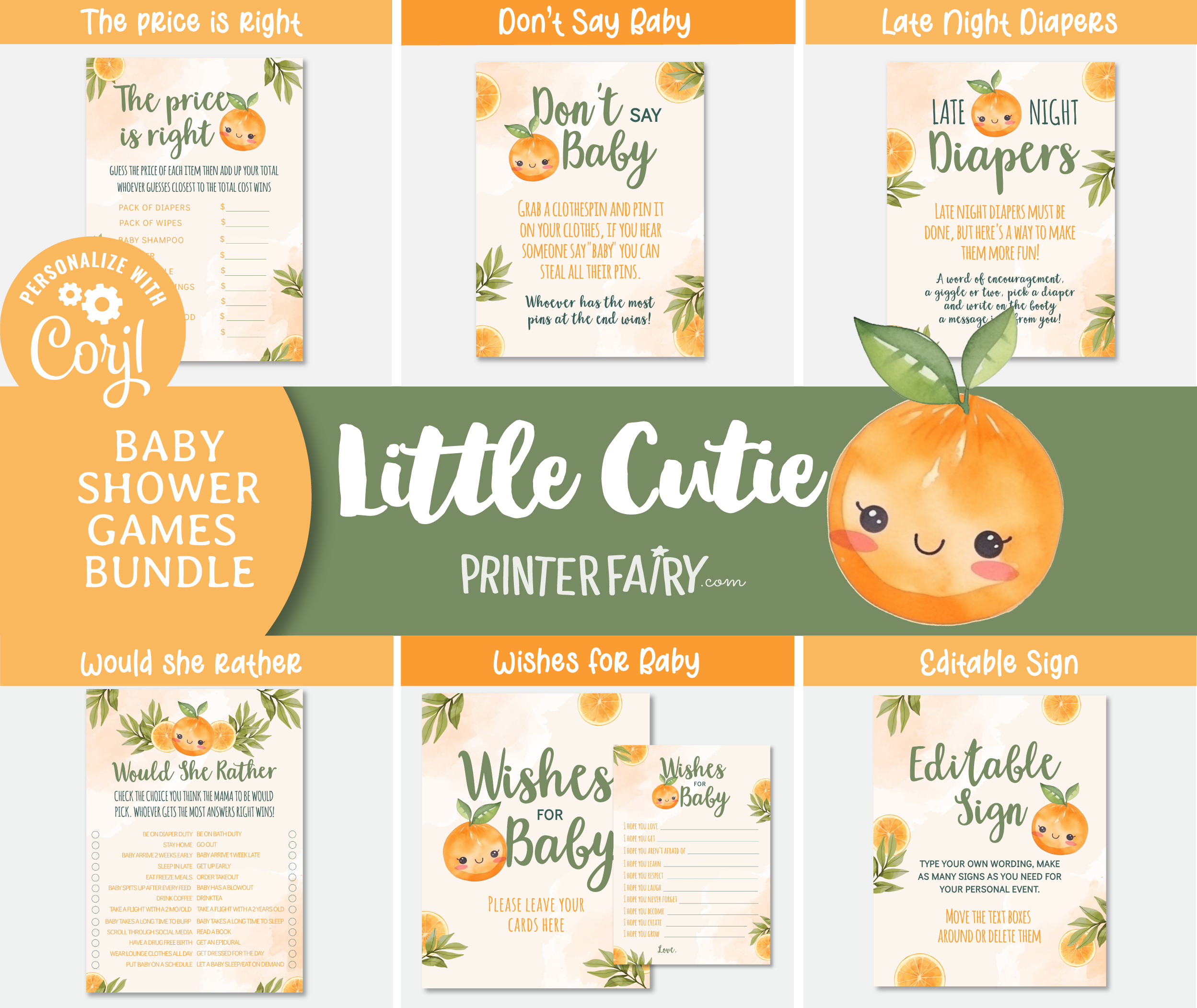 Orange Baby Shower Activities - www.printerfairy.com design preview