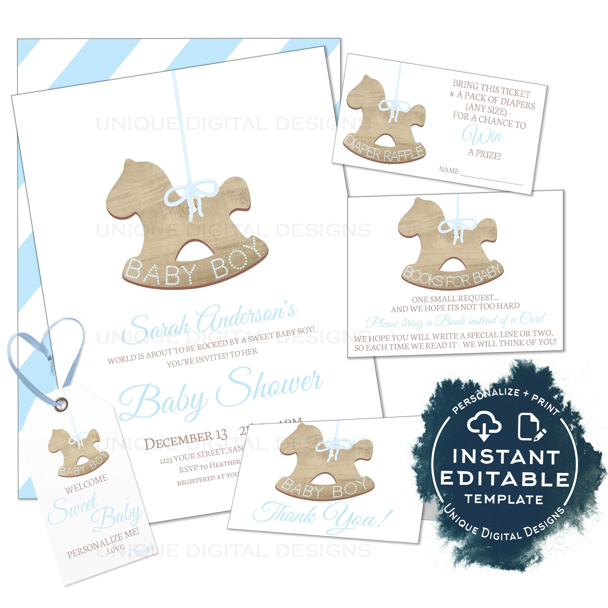 Baby Shower - Christmas Ornament Rocking Horse Clean Elegant - Blue Primary design preview