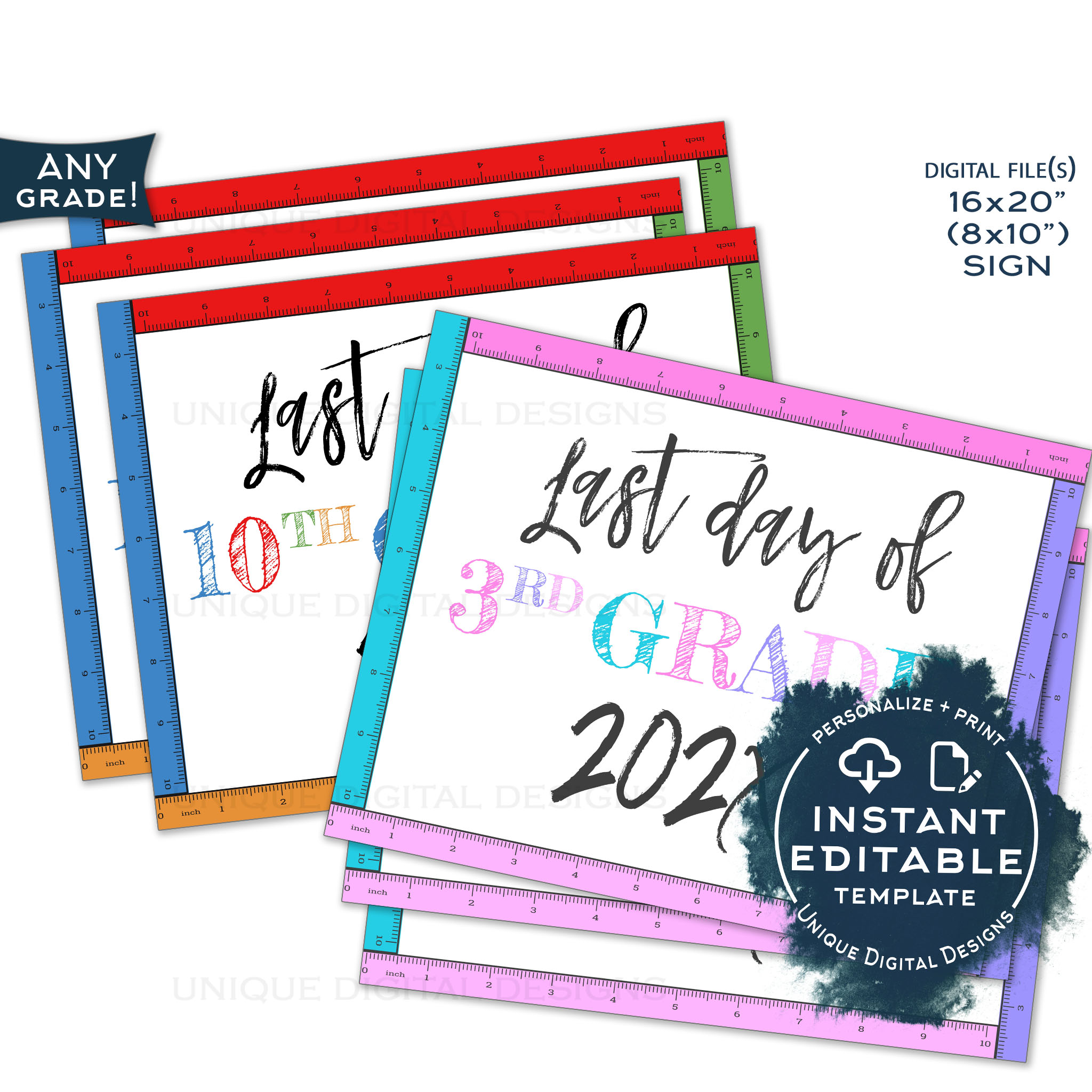 School Sign - Rulers White by grade - Last Day design preview