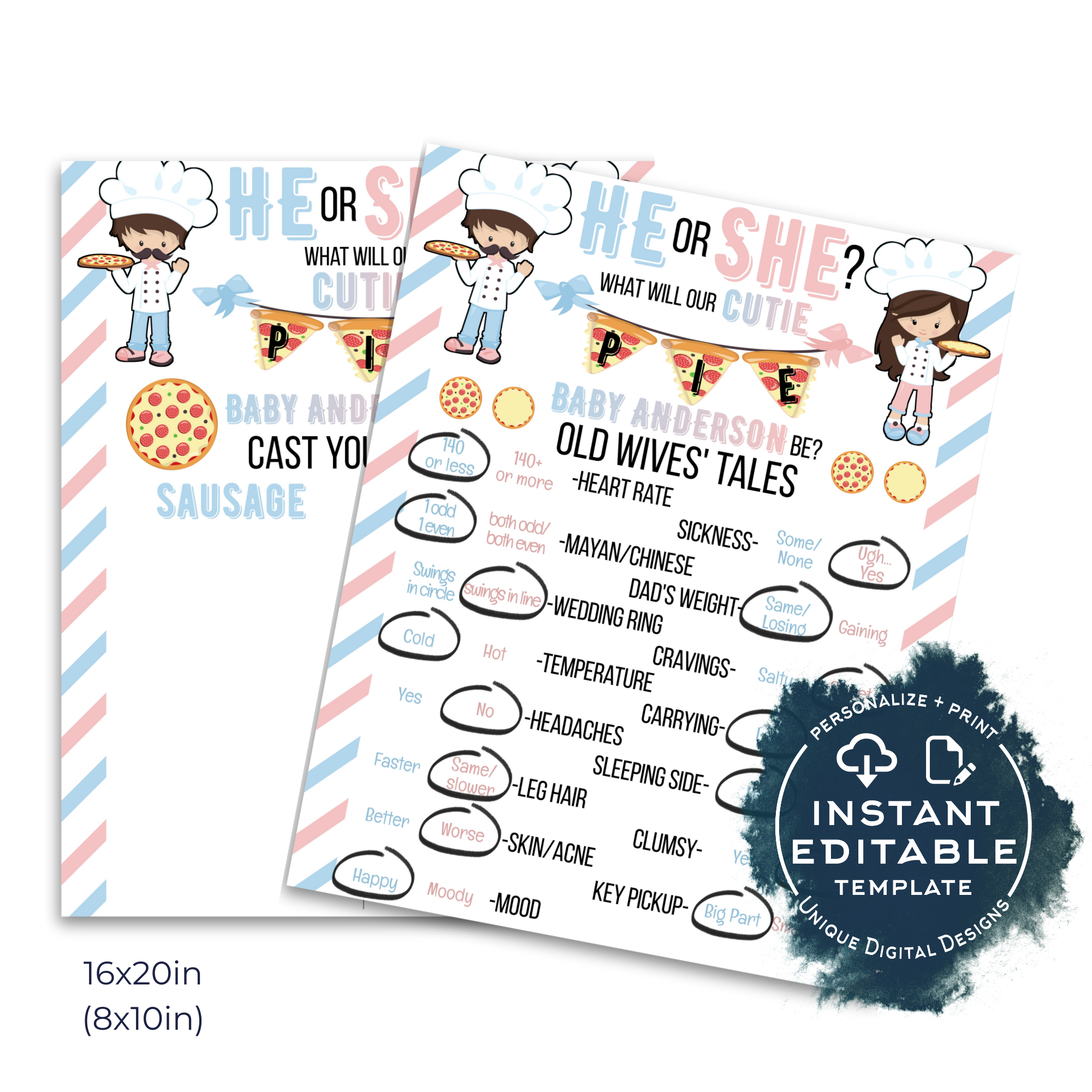 Invite - Gender Reveal Pizza Pie Sausage Party Pink Blue design preview