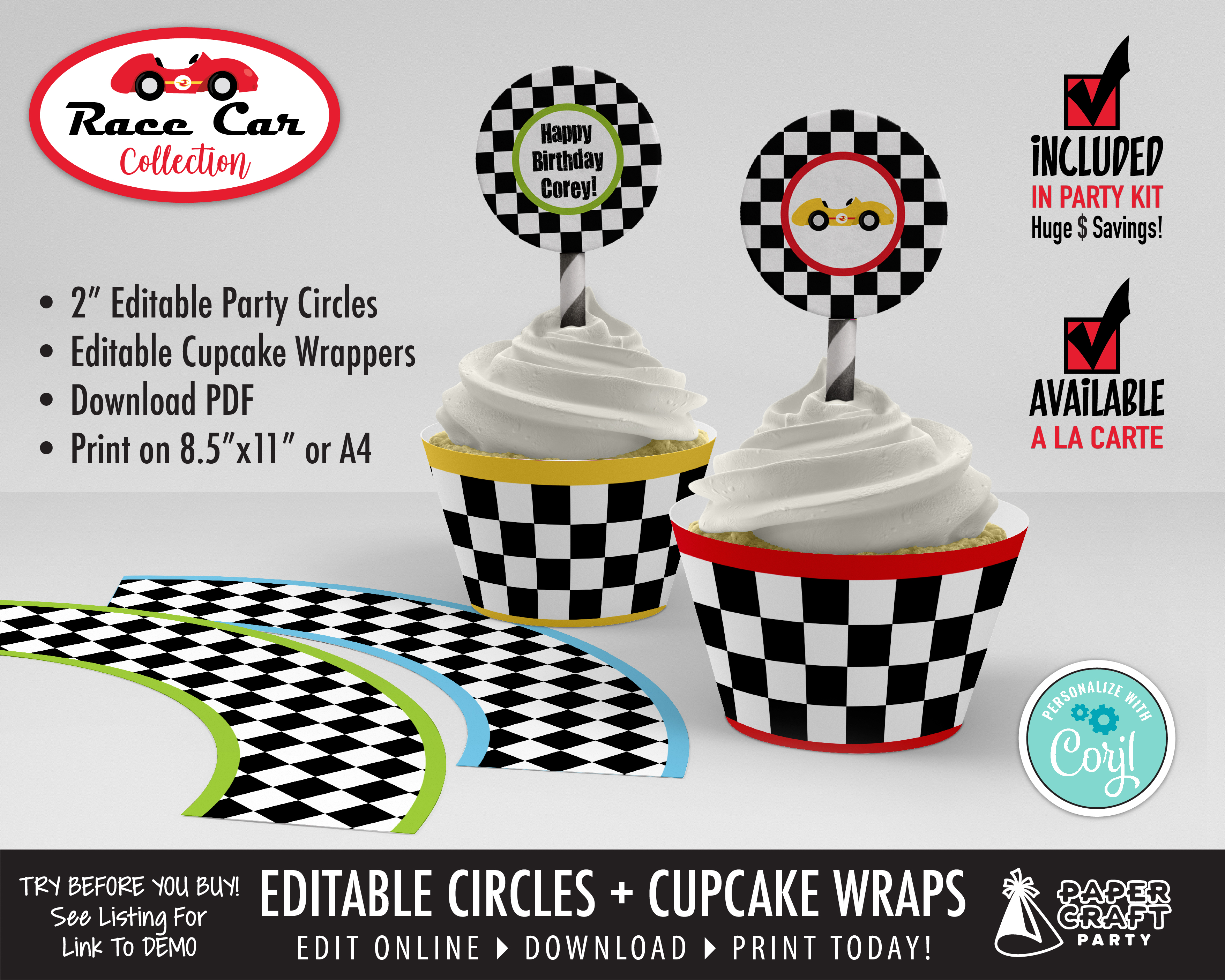 Race Car Party Circles/Cupcake Wraps 0062 design preview