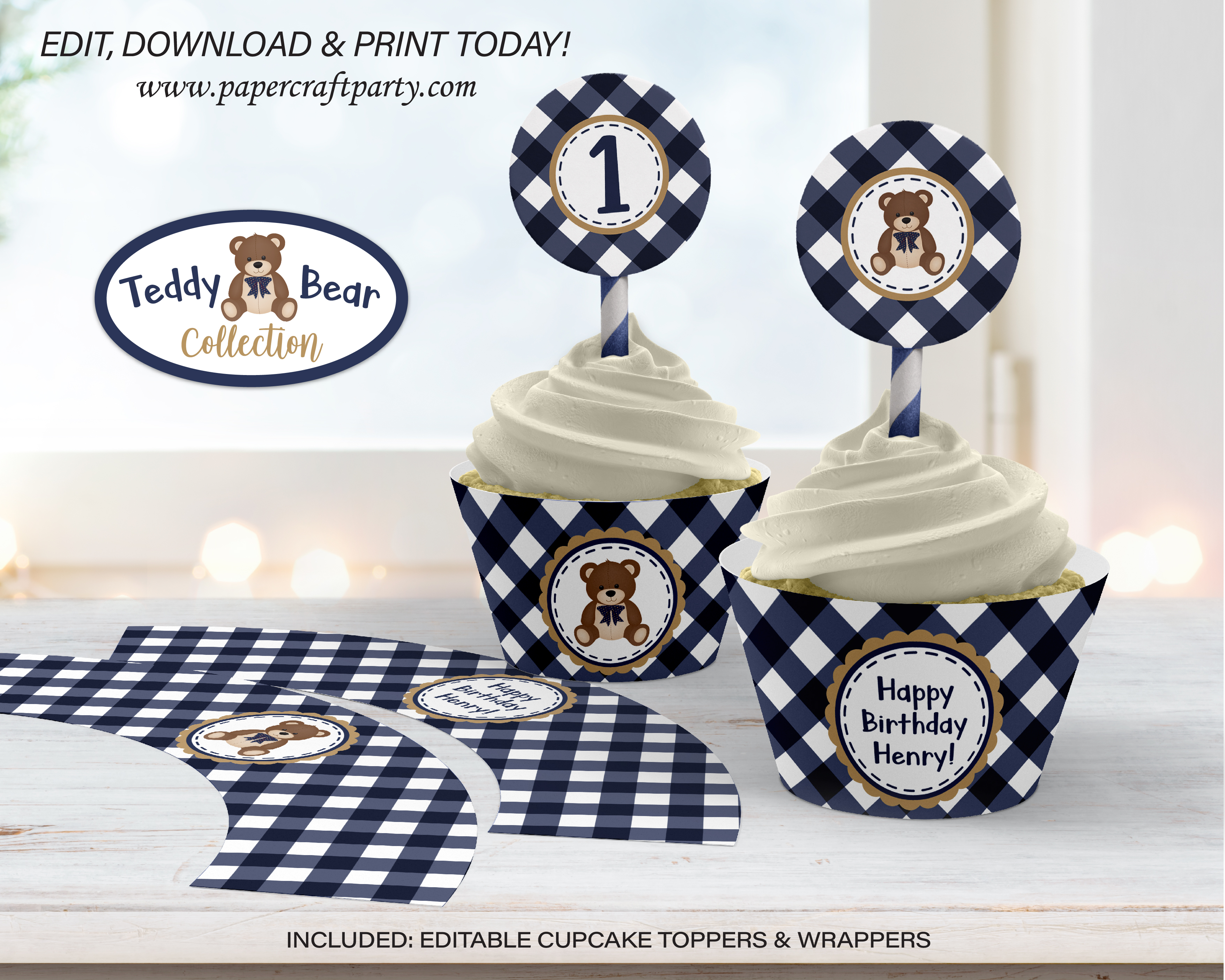 0085 Teddy Bear Cupcake Toppers & Wraps design preview