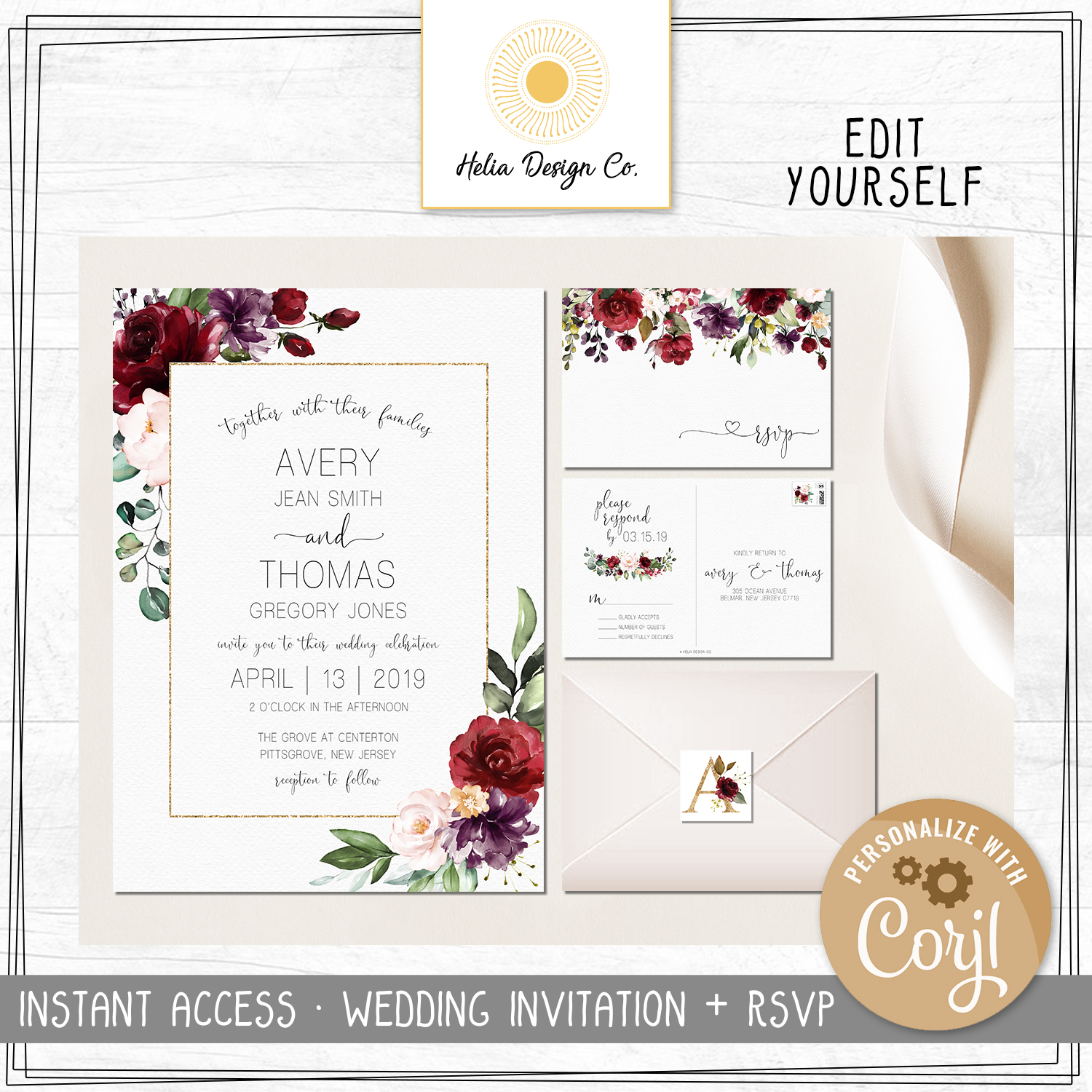 Wedding - Invite Burgundy Floral 2 design preview