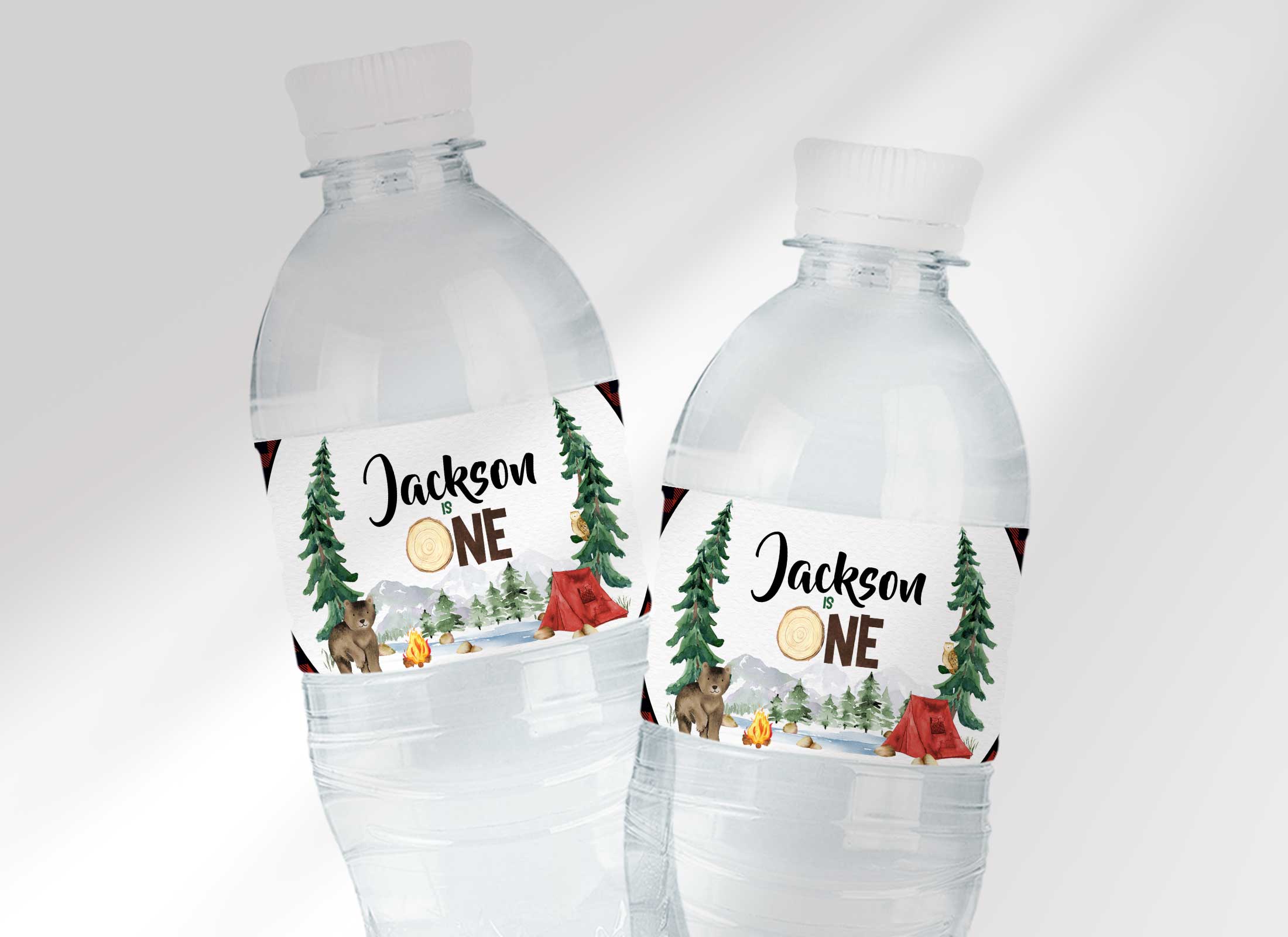 Camping Birthday - Water Bottle Label - Plaid design preview