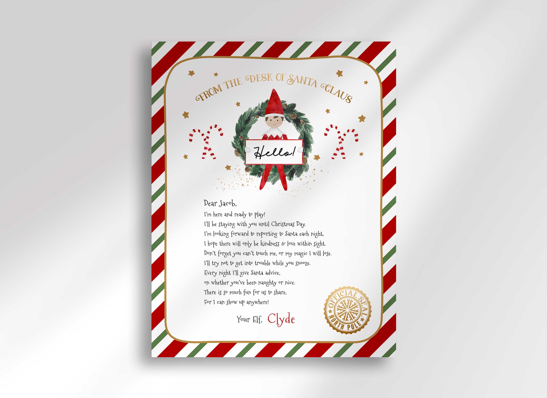 Christmas Letter - Welcome From Your Elf Red + Green - 8.5x11 design preview