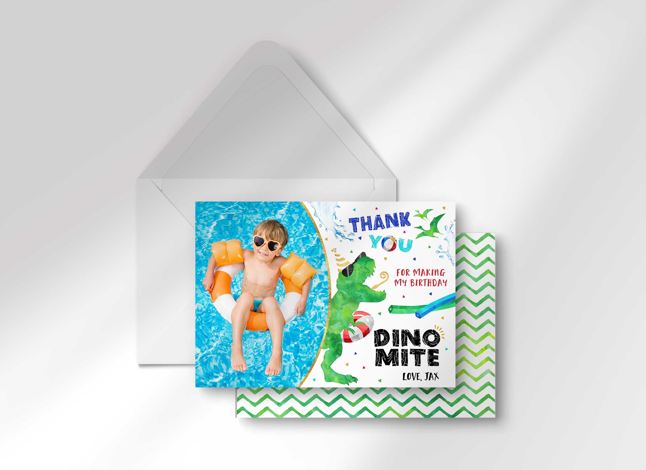 Dino Pool Party - Thank You Card - Photo design preview