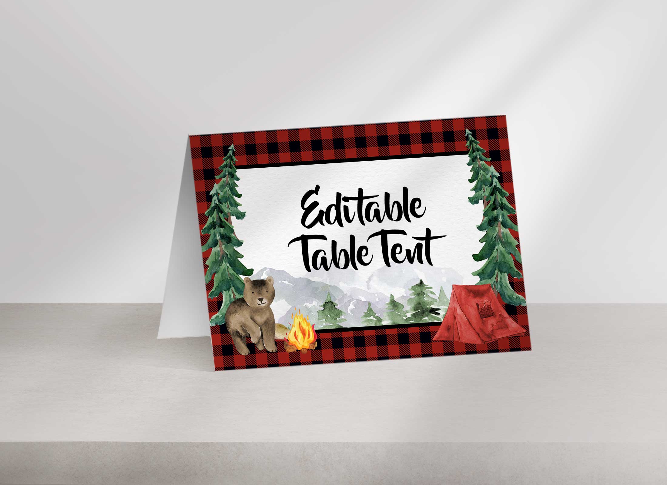 Camping Birthday - Table Tents - Plaid design preview