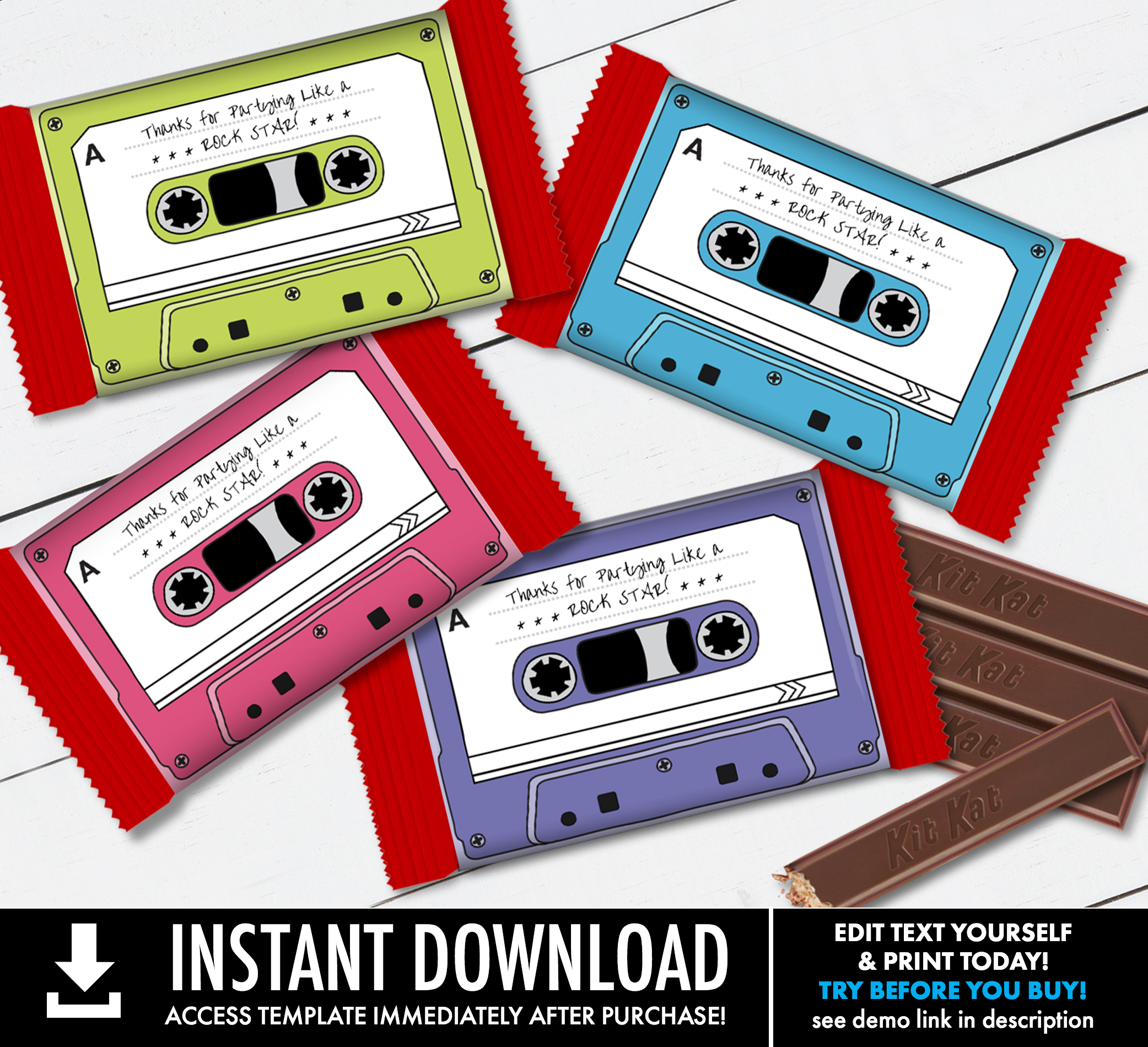 SEM-Cassette Kit Kat Candy Label/Wrap-GROUP pink, purple, blue, green design preview