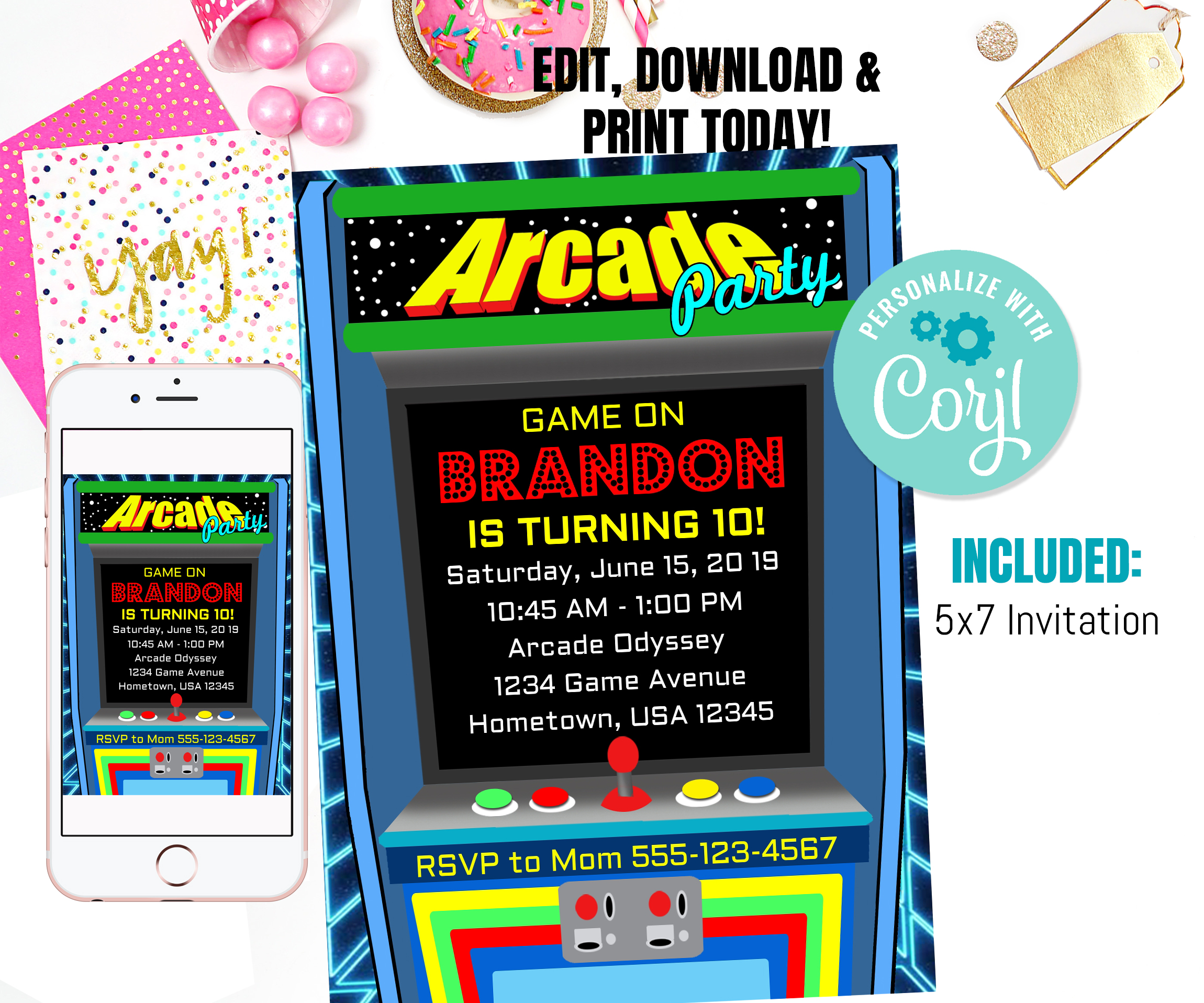 Arcade Birthday Invitation, Arcade invitation, Gamer invitation, Retro Arcade Birthday, Video Game Birthday, Video Game Invitation design preview