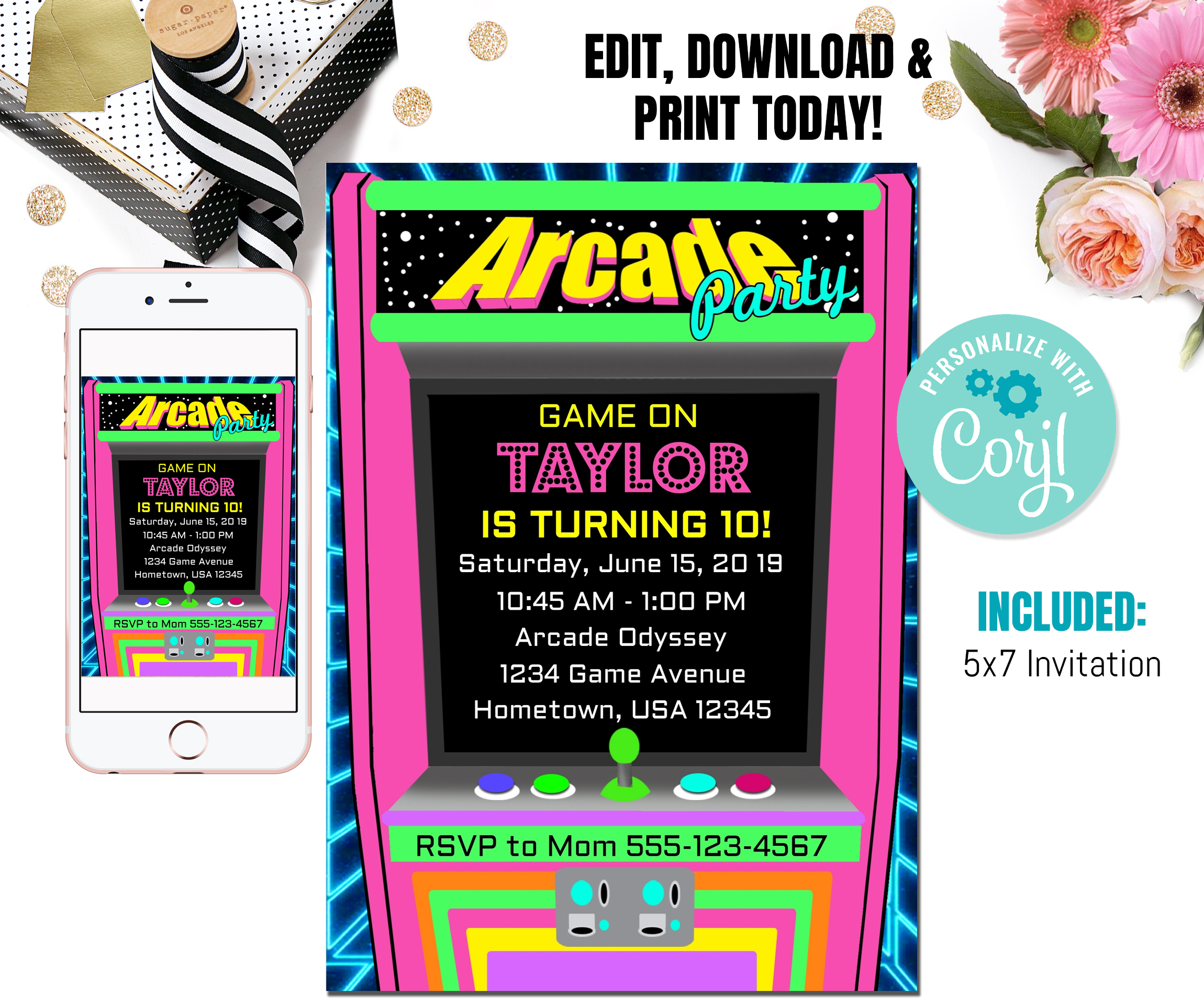 Arcade Birthday Invitation, Arcade invitation, Gamer invitation, Retro Arcade Birthday, Video Game Birthday, Video Game Invitation design preview