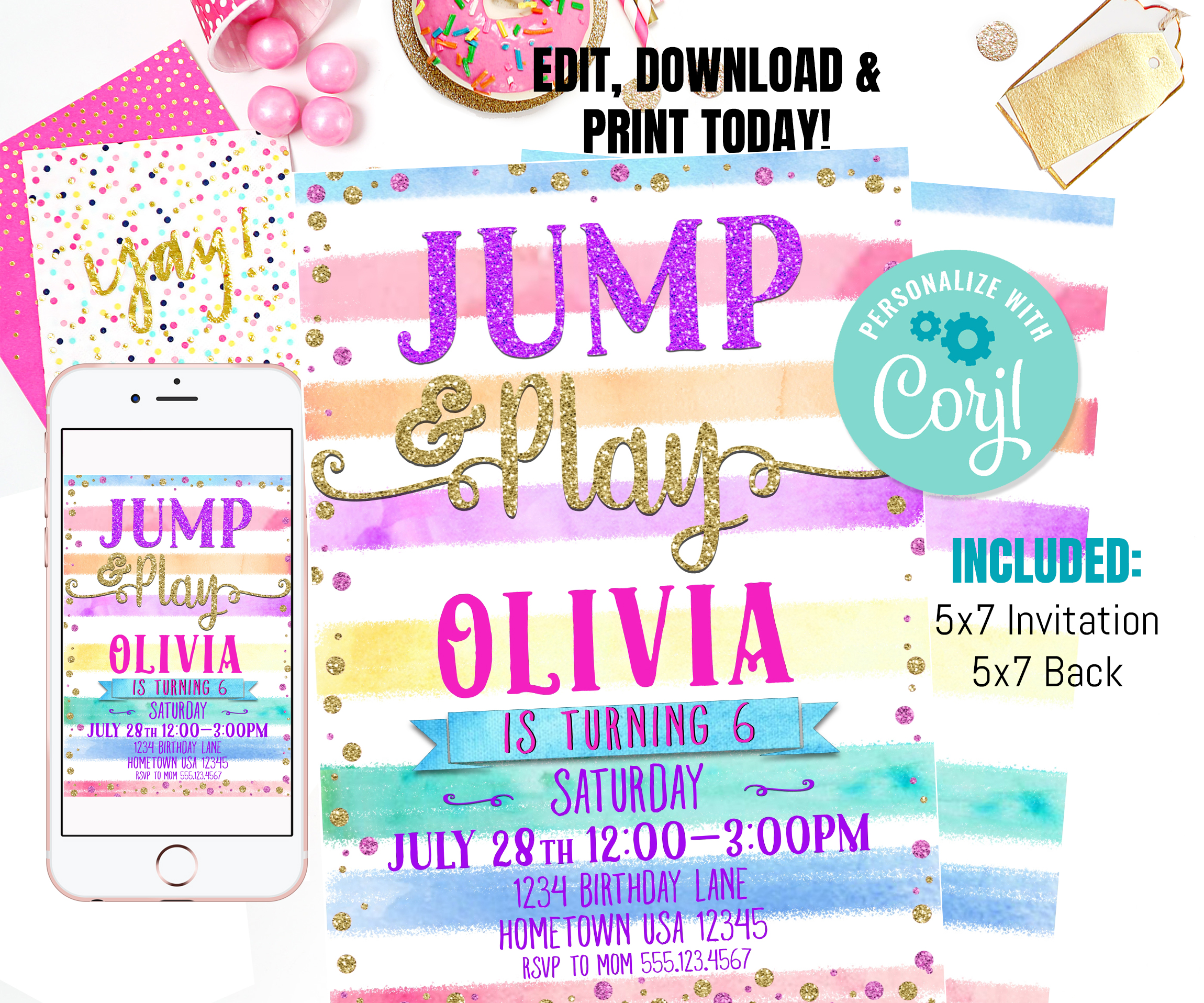 Editable Rainbow Birthday invitation | Trampoline birthday | Gymnastics birthday invitation | Bounce house Invitation | Jump Party Invite design preview