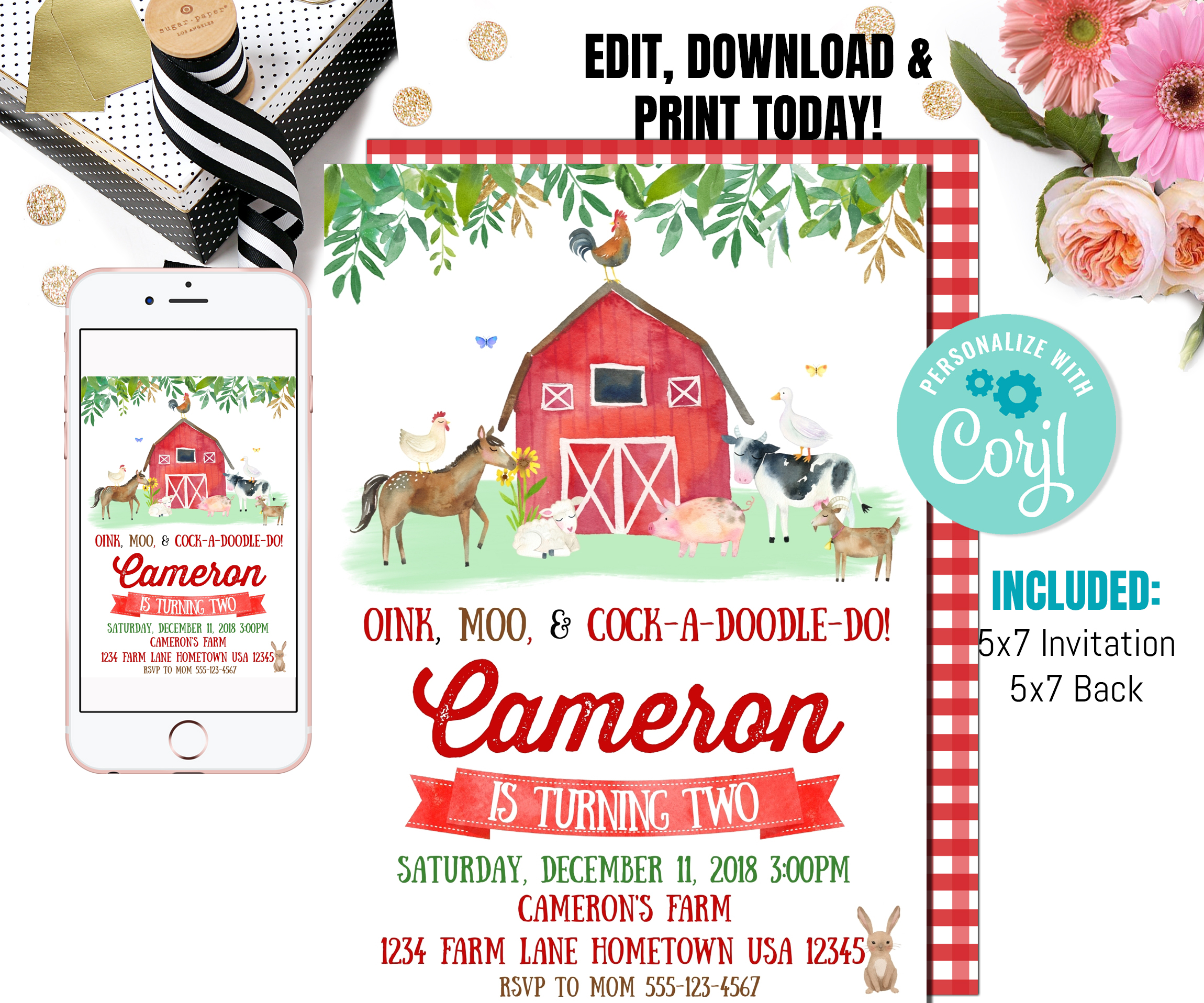 Farm Birthday Invitation I Boy Barn Party I Farm Animals I Barnyard Boy Invitations I Template I Editable I Farm Party Invite I design preview