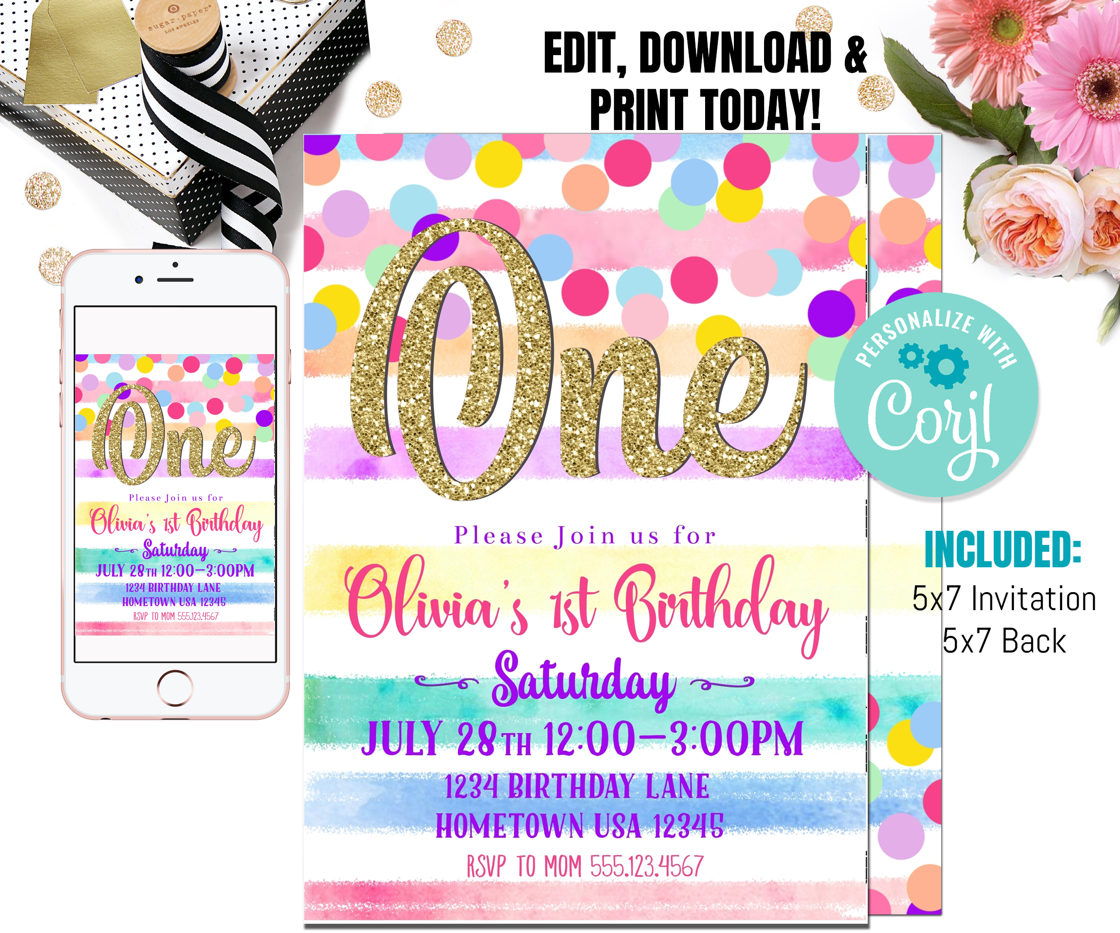 Rainbow Birthday invitation | Girl birthday |  Gold Pink birthday invitation | Confetti Invitation  | Rainbow Party Invite I Editable Age design preview