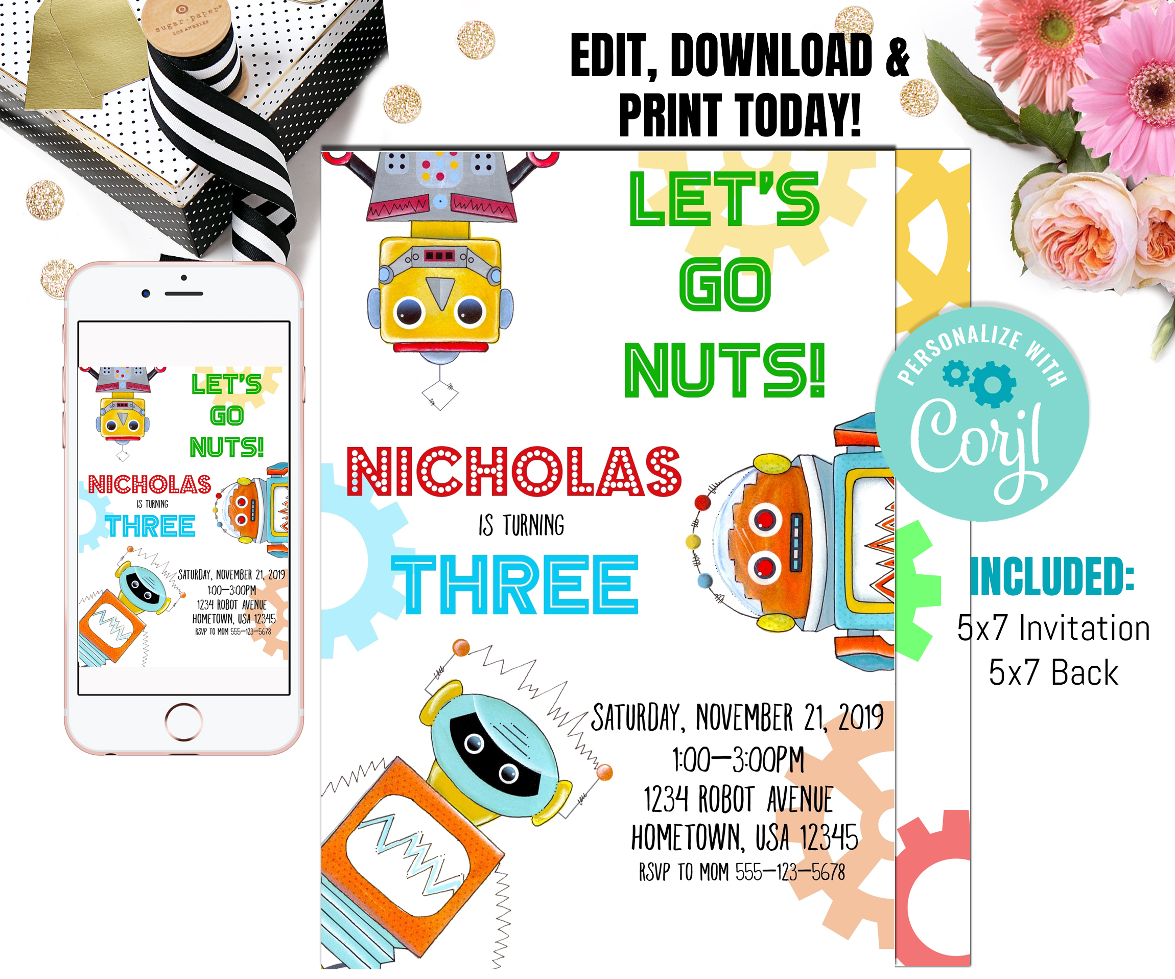 Robot Invitation, Robot Invite, Robot Birthday, Robot Birthday Party, Let's Go Nuts, Corjl, Instant Download, Retro Arcade, Editable design preview