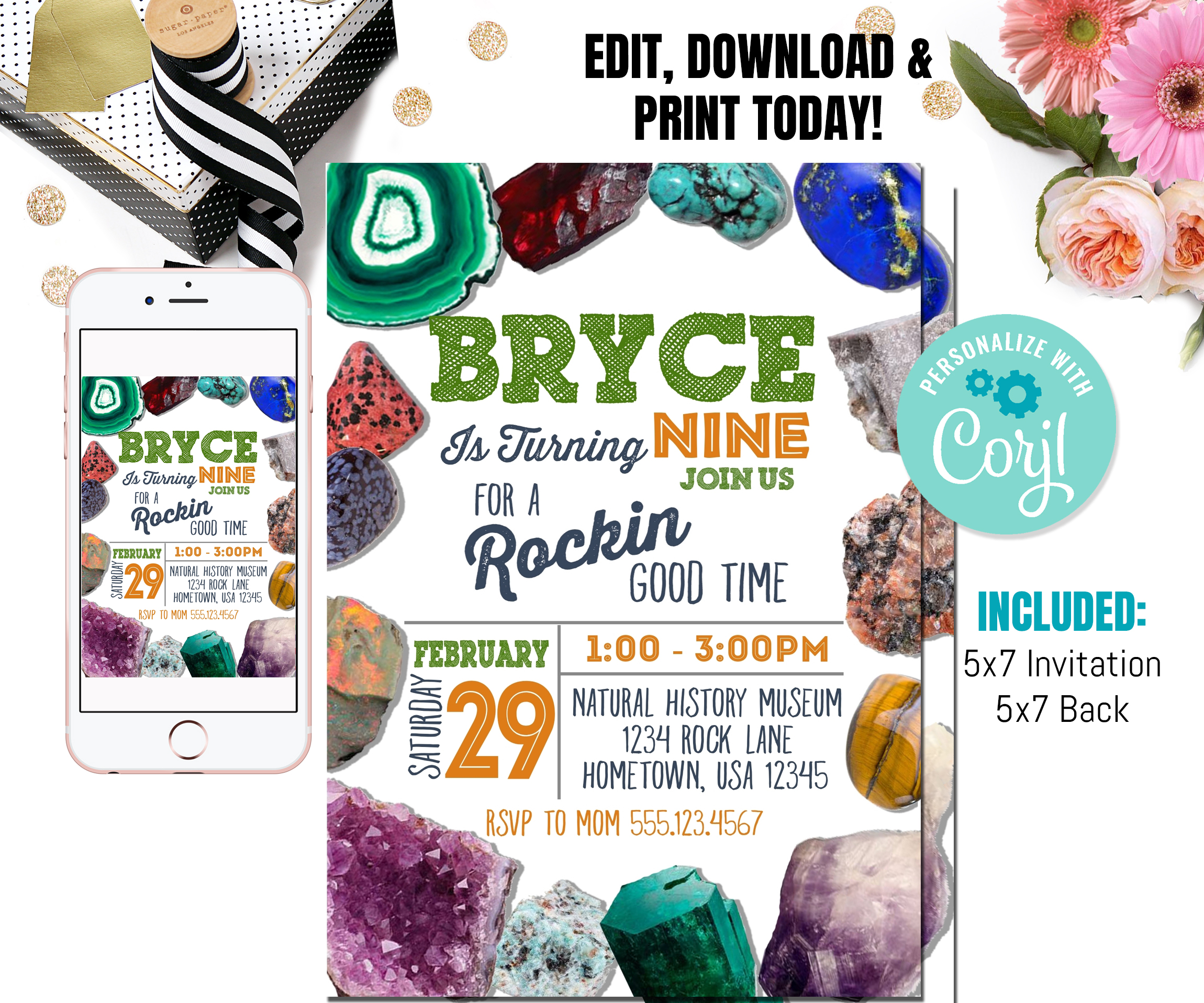Geology Birthday Party Invitations, Boys Geology Invitations, Rock Hunt Mining Birthday, Rock Climbing invitation, Rock Party, Mining invite design preview