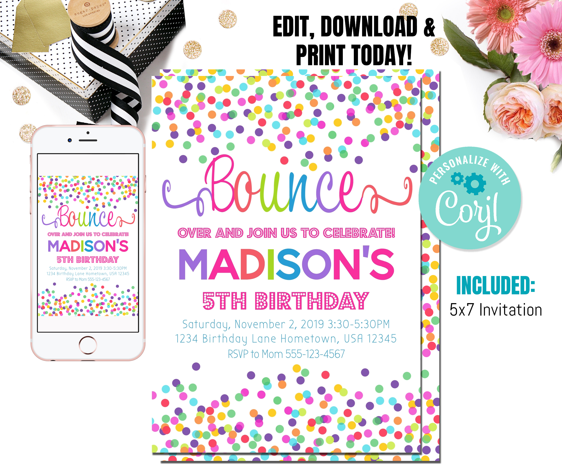 Jump Birthday Invitation | Bounce house Invitation | Rainbow Invite | Trampoline birthday | Jump Invitation | Bounce Invitation | design preview