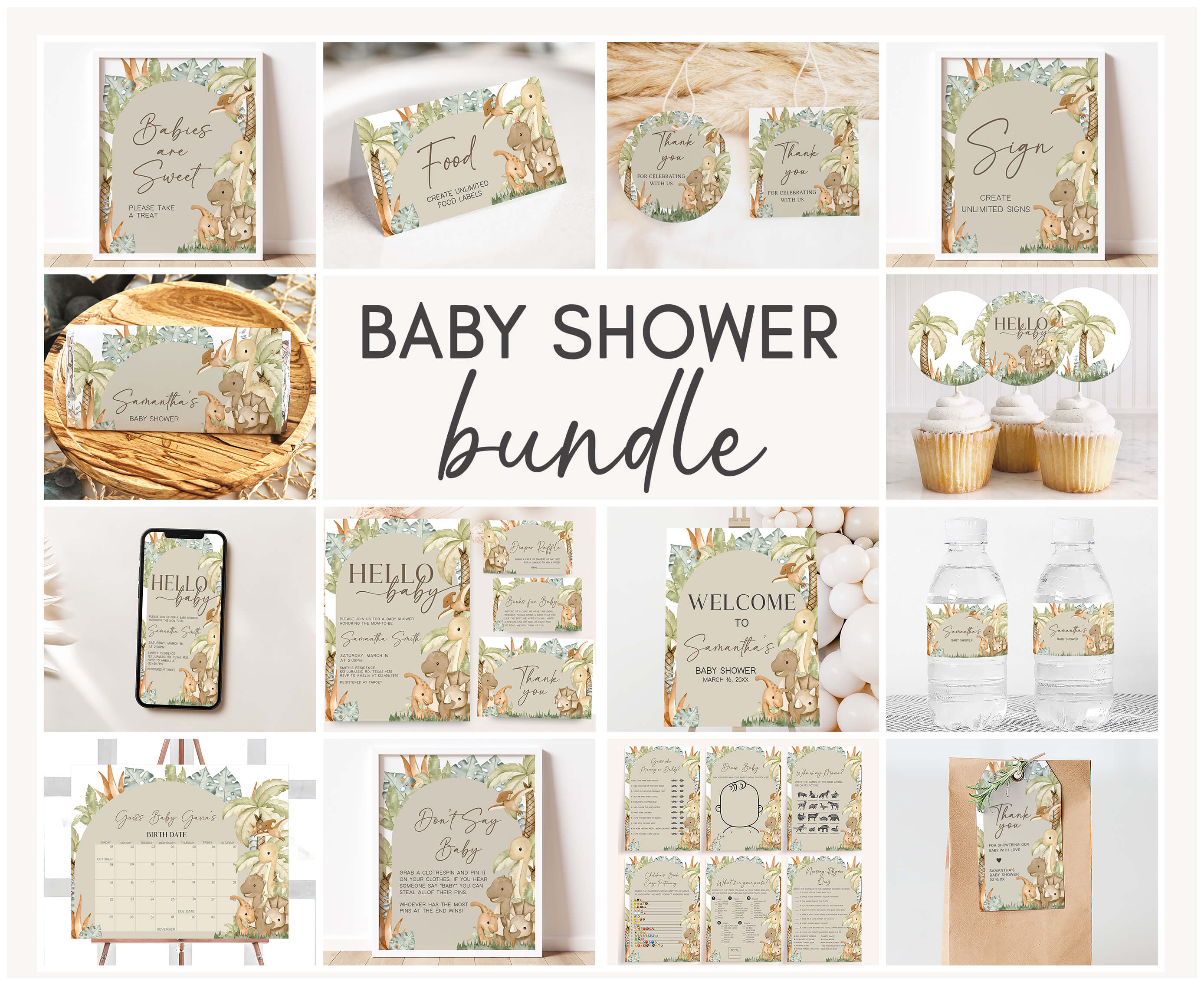 666 Neutral Hello Baby Dinosaur Baby Shower Mega Bundle design preview