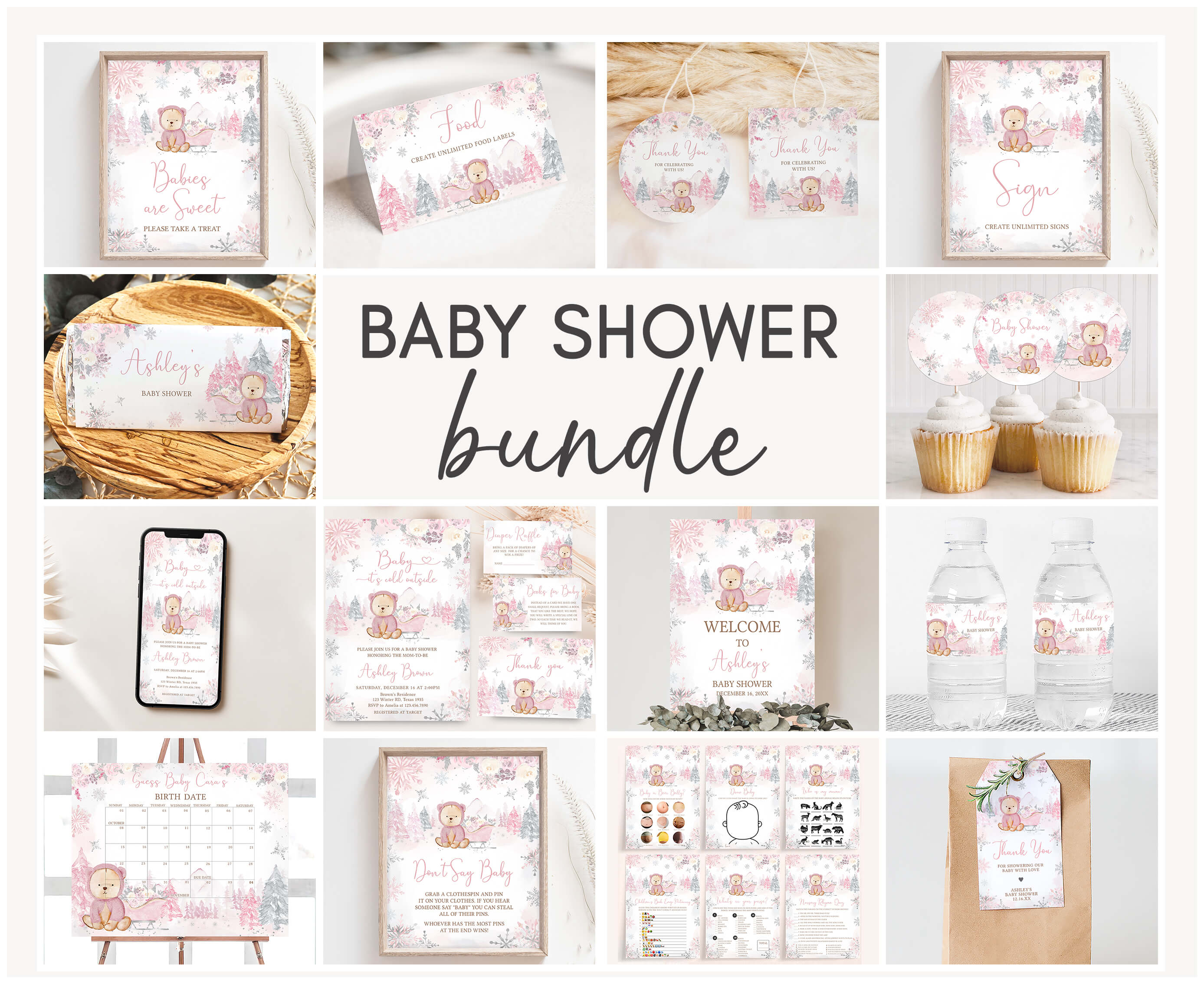 529 Pink Winter Woodland Truck Baby Shower Mega Bundle design preview