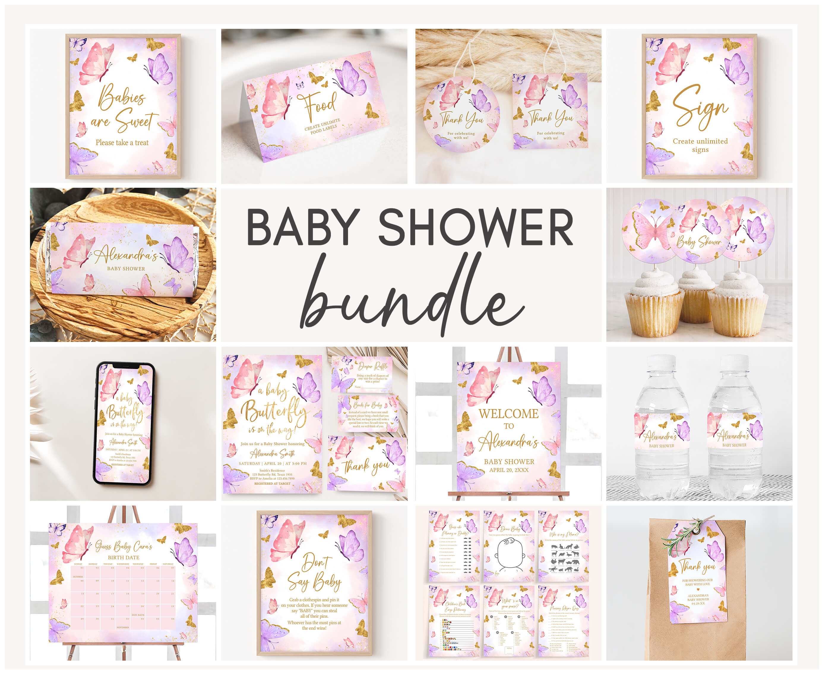683 Pink Purple Butterflies Baby Shower Mega Bundle design preview
