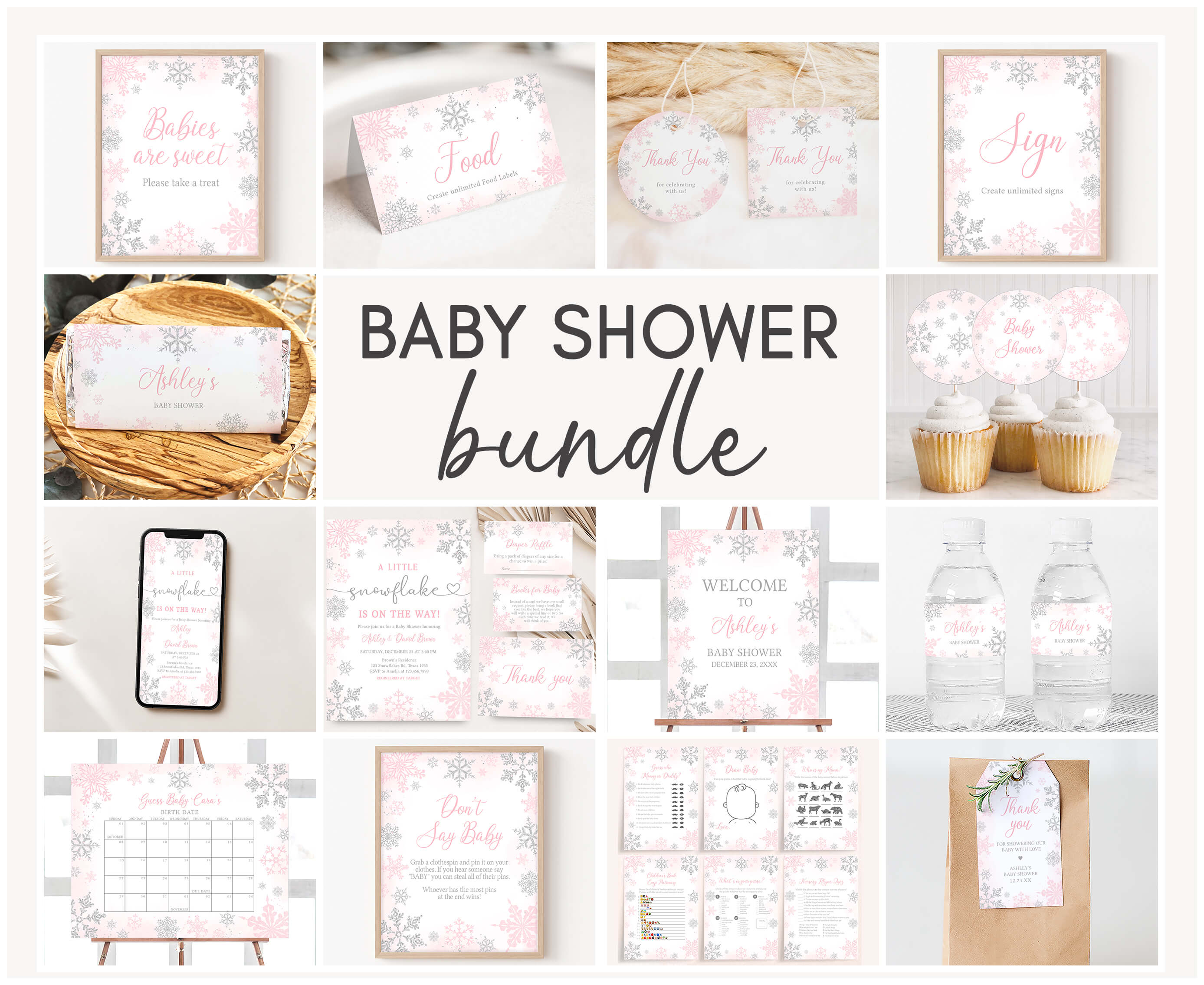 536 Pink Silver Little Snowflake Baby Shower Mega Bundle design preview