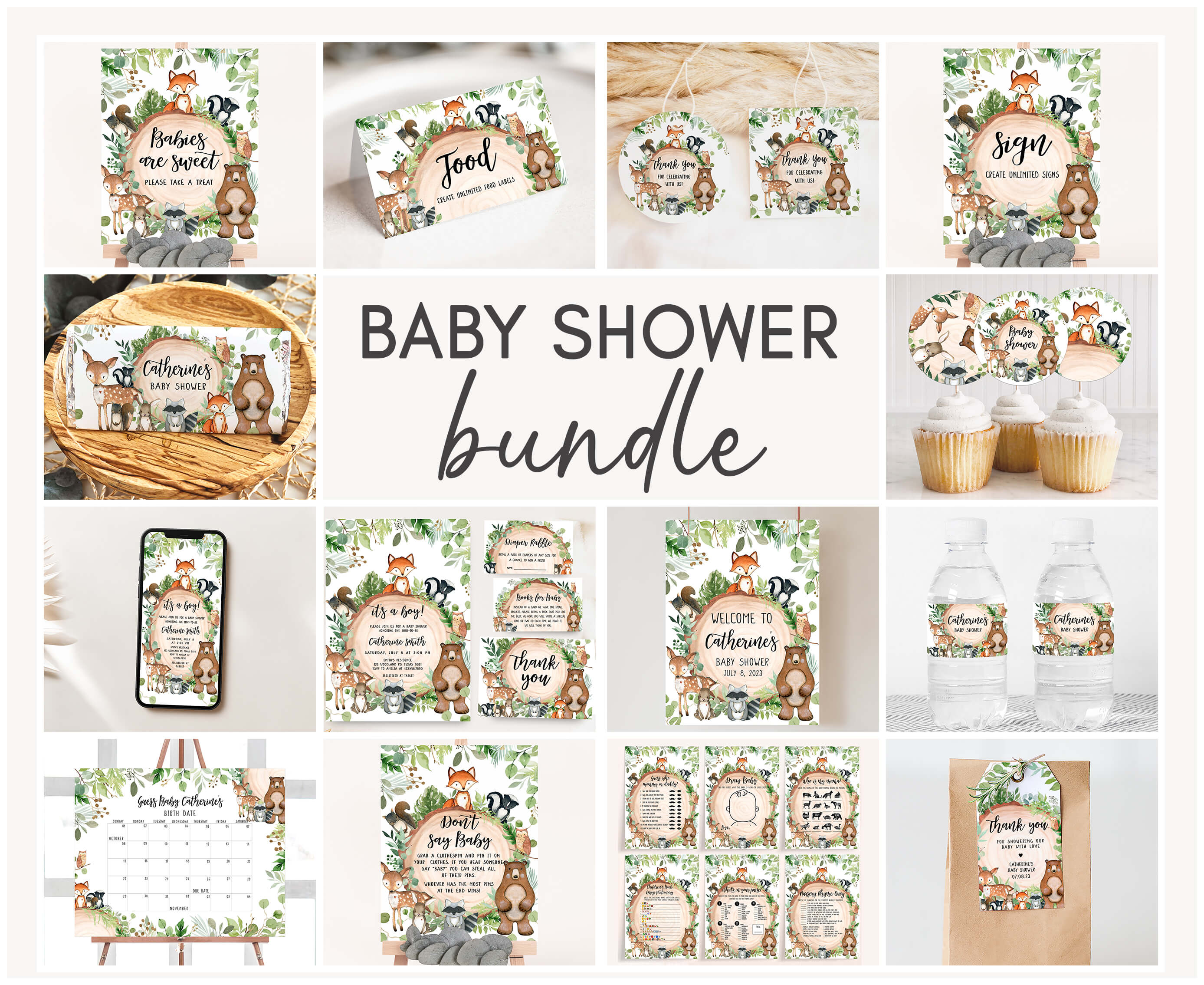 401 Wood Slice Woodland Animals Baby Shower Mega Bundle design preview