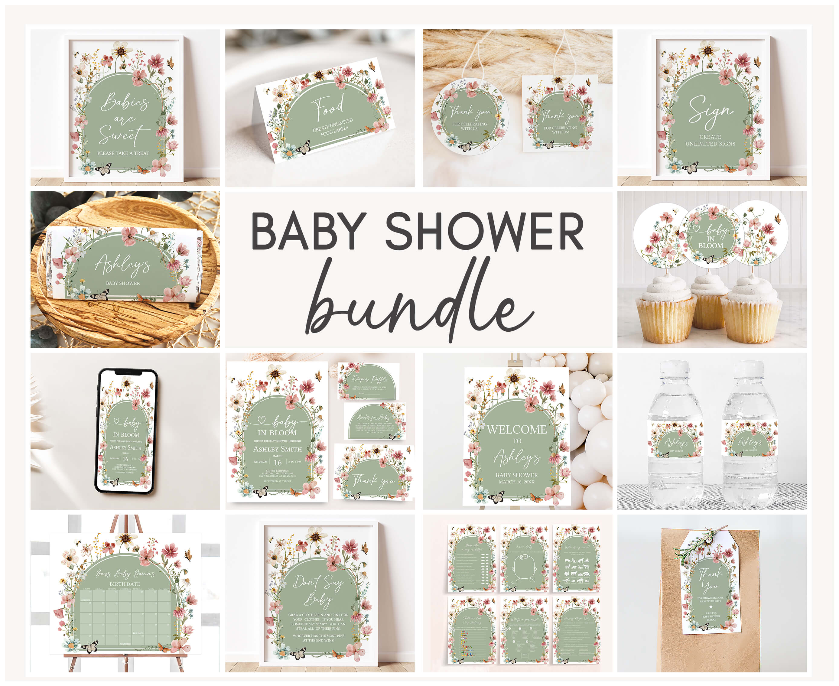 676 Boho Sage Green Baby in Bloom Baby Shower Mega Bundle design preview