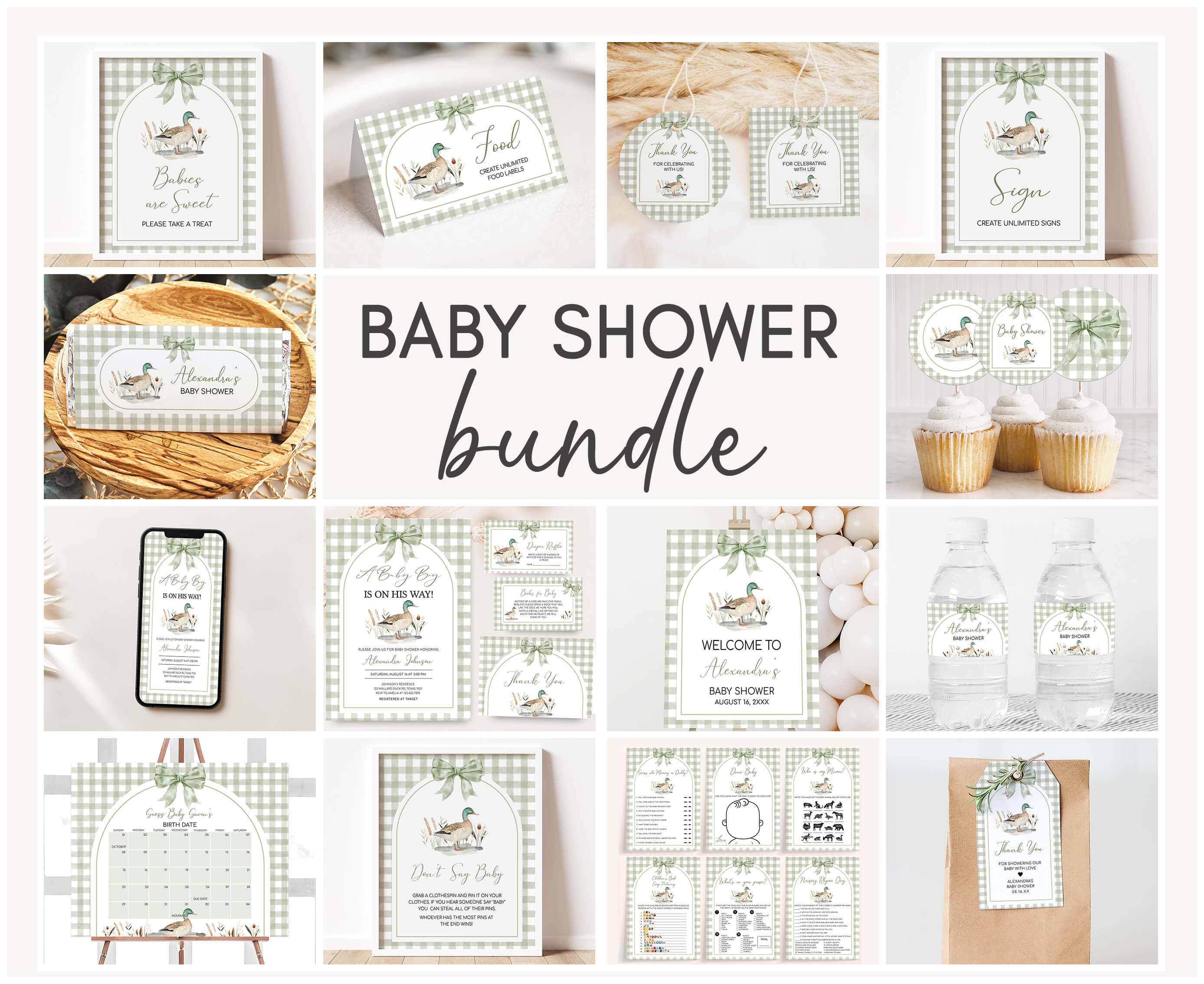 1113 Green Gingham Baby Boy Mallard Duck Baby Shower Mega Bundle design preview
