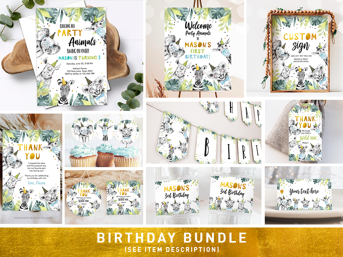 Birthday Bundle Party Animals Boy Blue Gold 0322 design preview