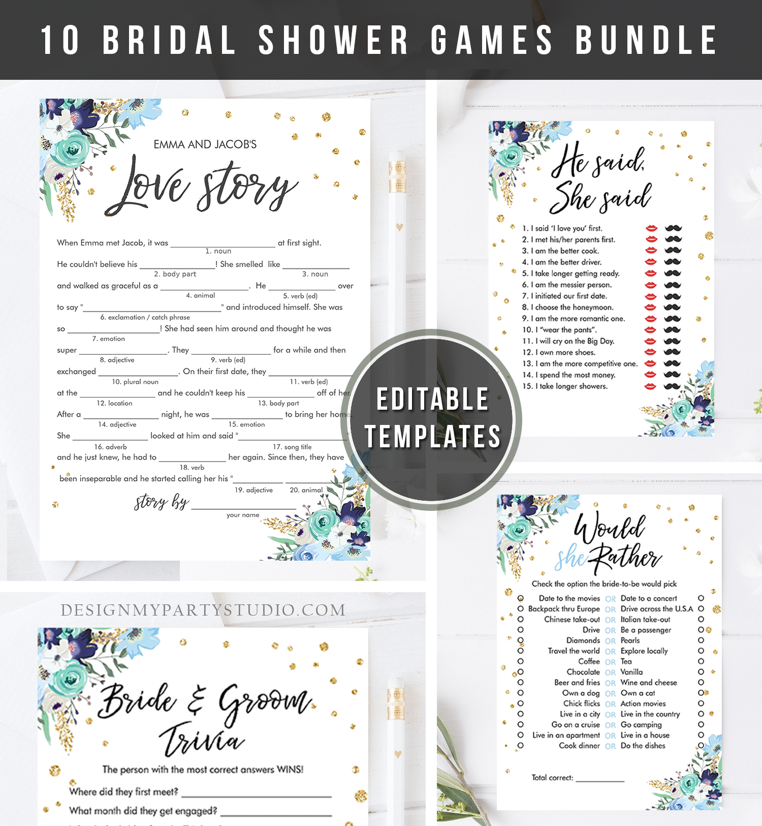 Bridal Shower Game Bundle Floral Blue design preview