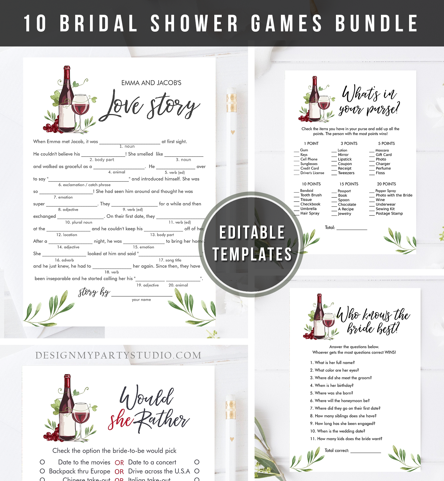 Bridal Shower Game Bundle Wine design preview