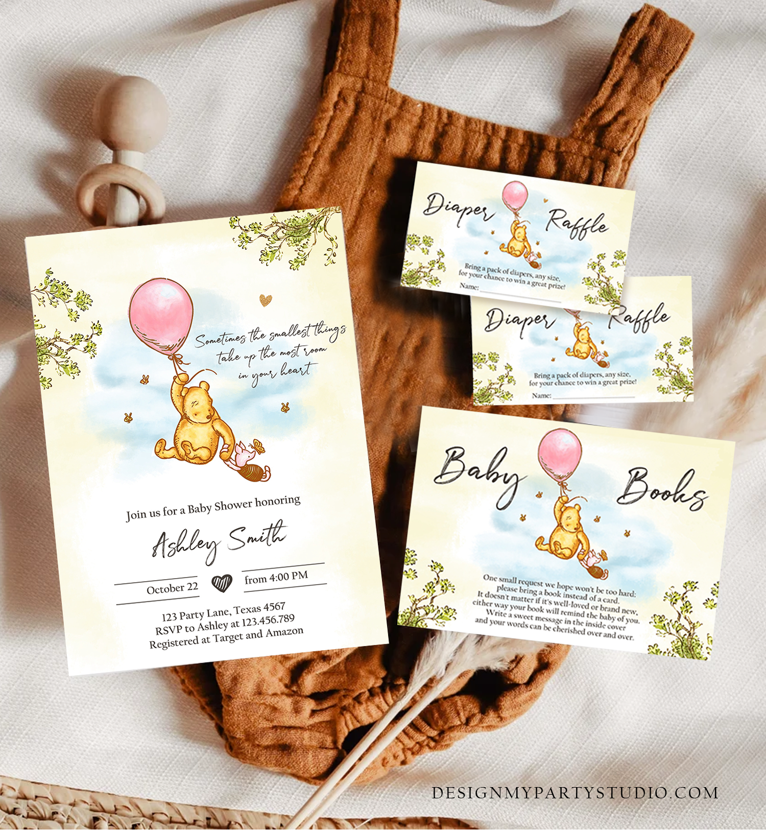 Baby Shower Invitation Diaper Book Pooh Pink 0425 design preview