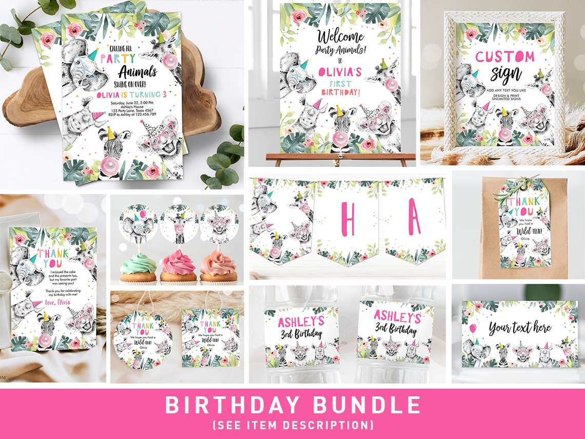 Birthday Invitation Bundle Party Animals Girl 0322 design preview