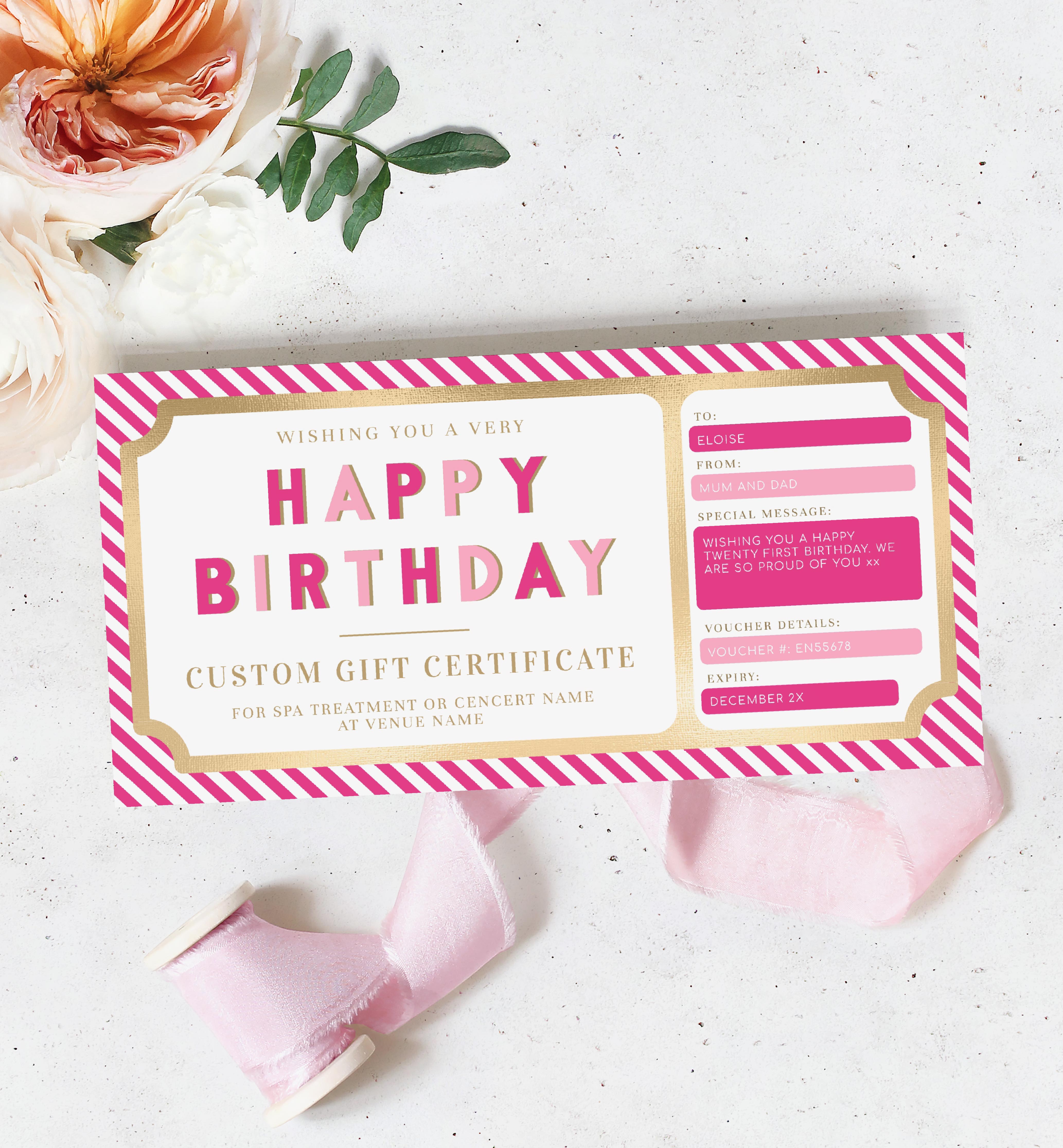 STR-HPK-14-B1813 - STRIPE - HOT PINK - HAPPY BIRTHDAY GIFT CERTIFICATE design preview