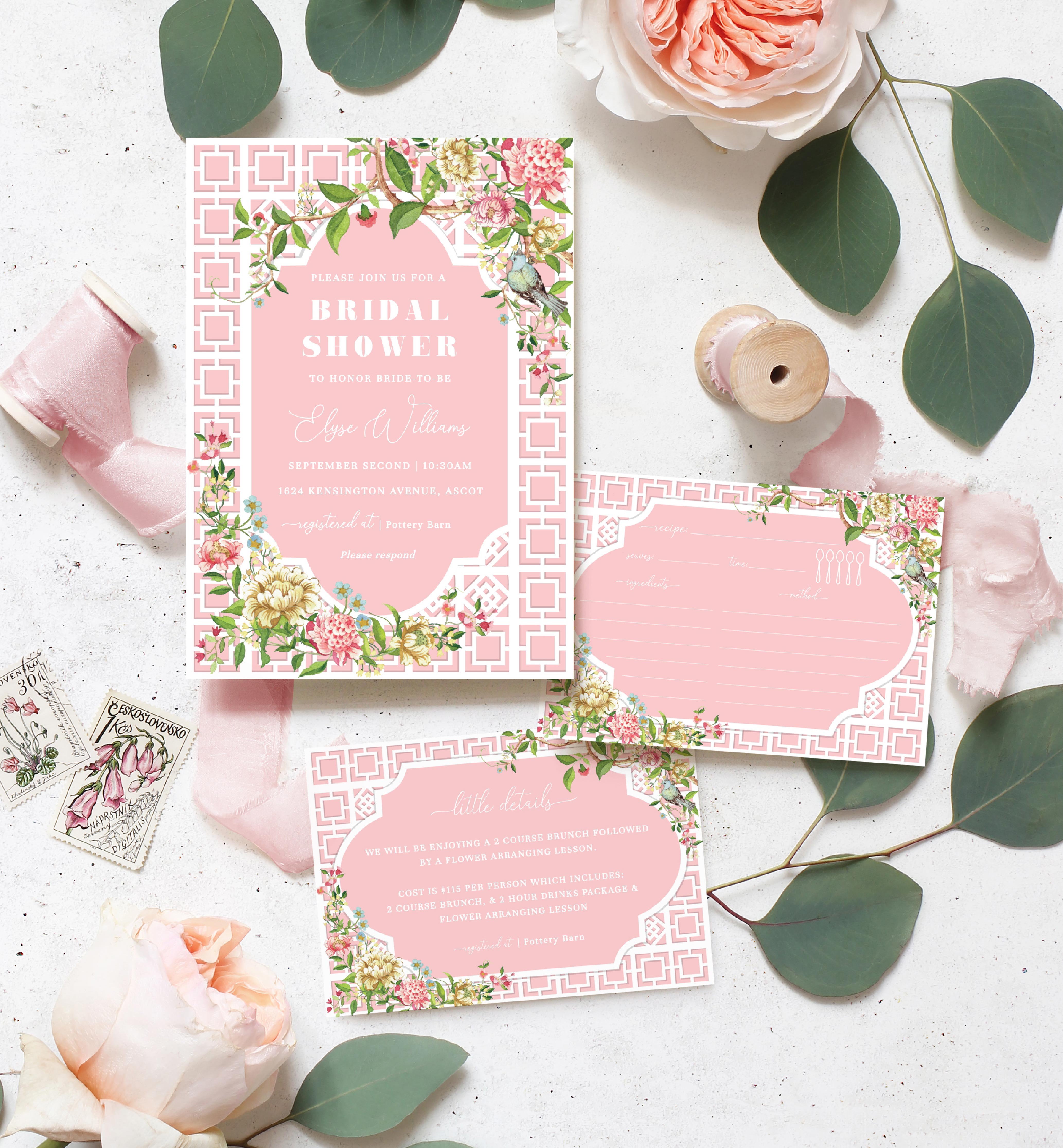 TRI-PNK-1-B1457 - TRIANON - PINK - BRIDAL SHOWER INVITATION SUITE design preview