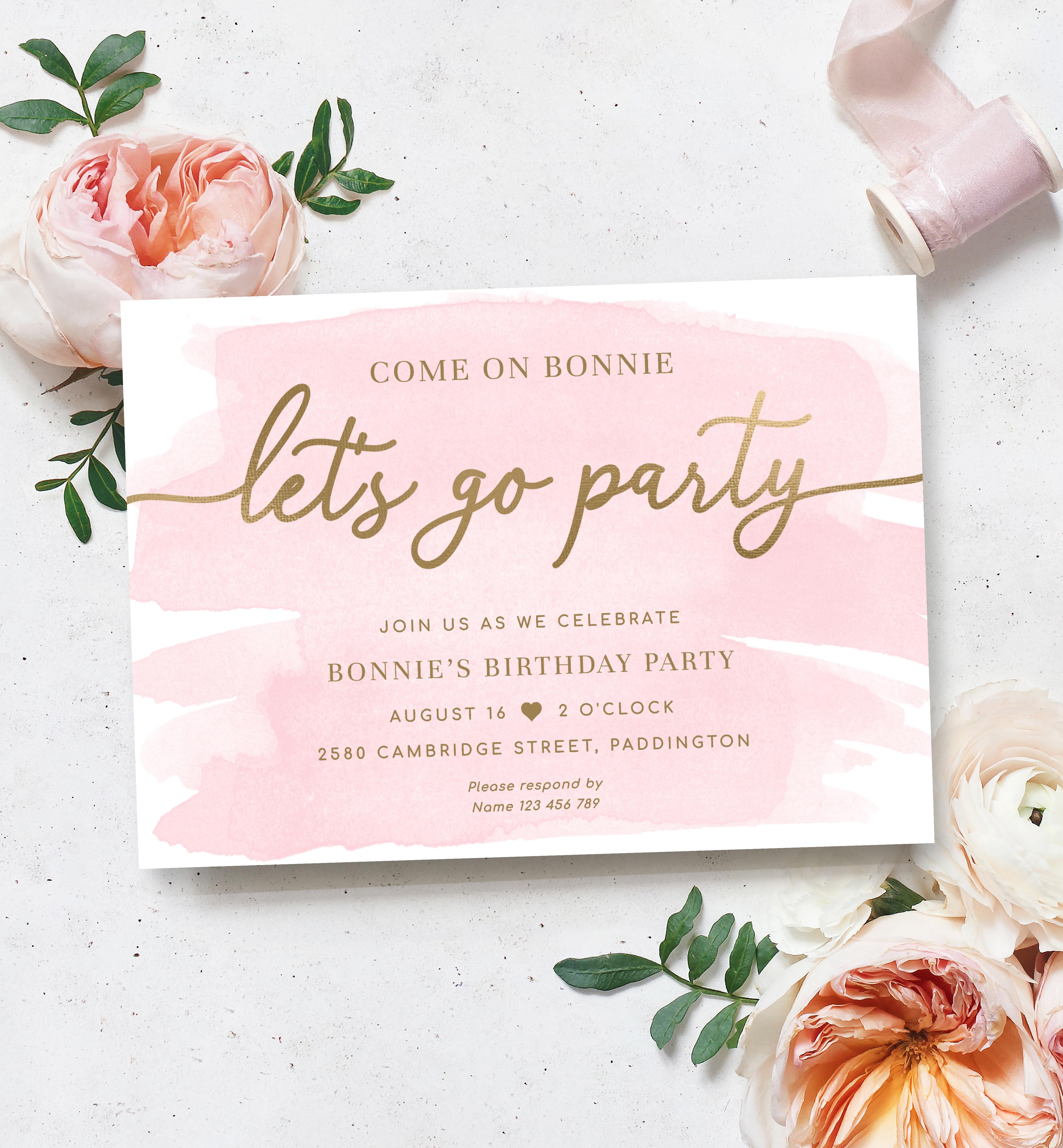 WAT-PNK-1-B1551 - WATERCOLOUR PINK - GOLD - BARBIE PARTY BIRTHDAY INVITATION design preview