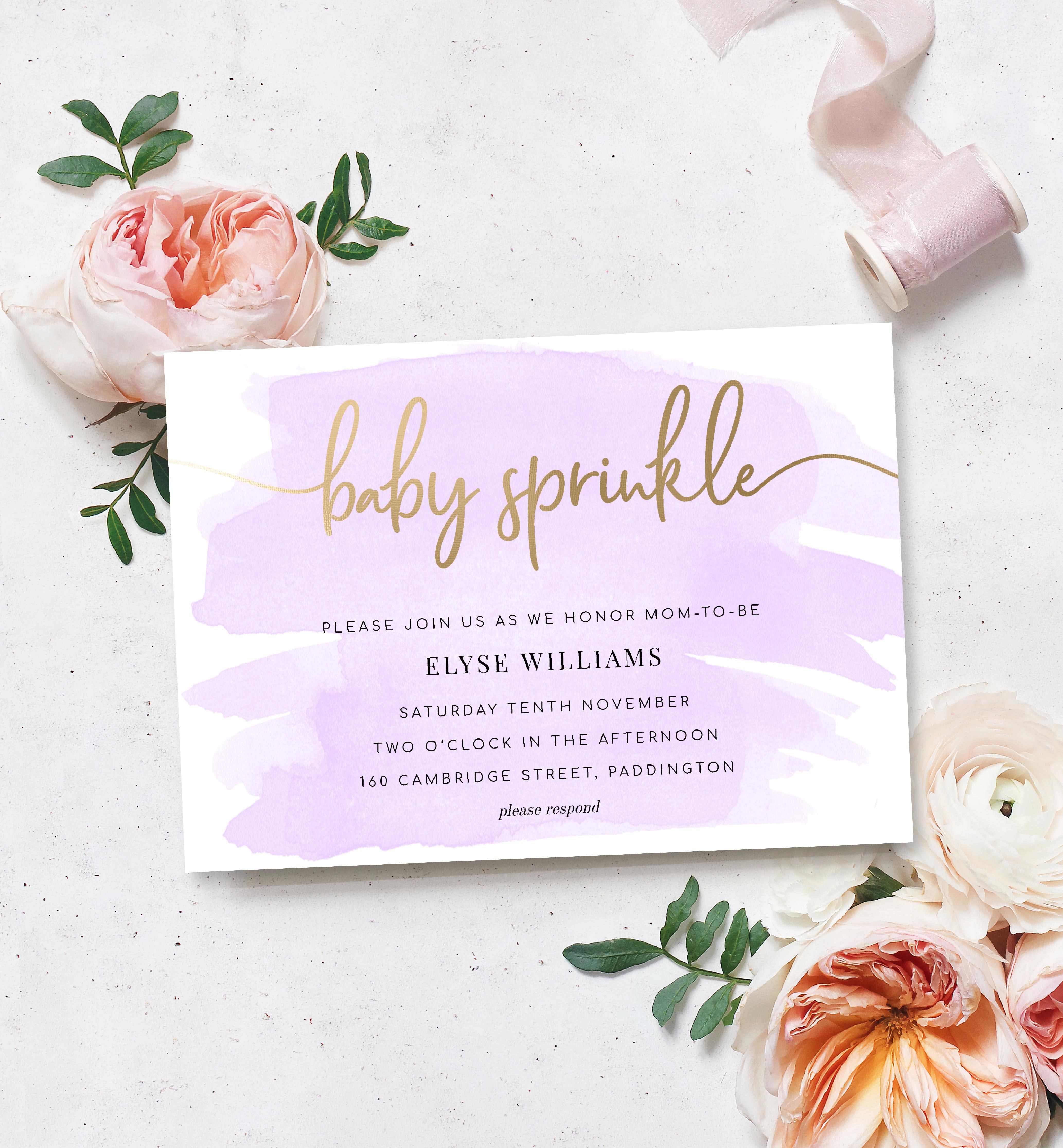 WAT-PUR-1-B257 - WATERCOLOUR PURPLE - GOLD - BABY SPRINKLE INVITATION design preview