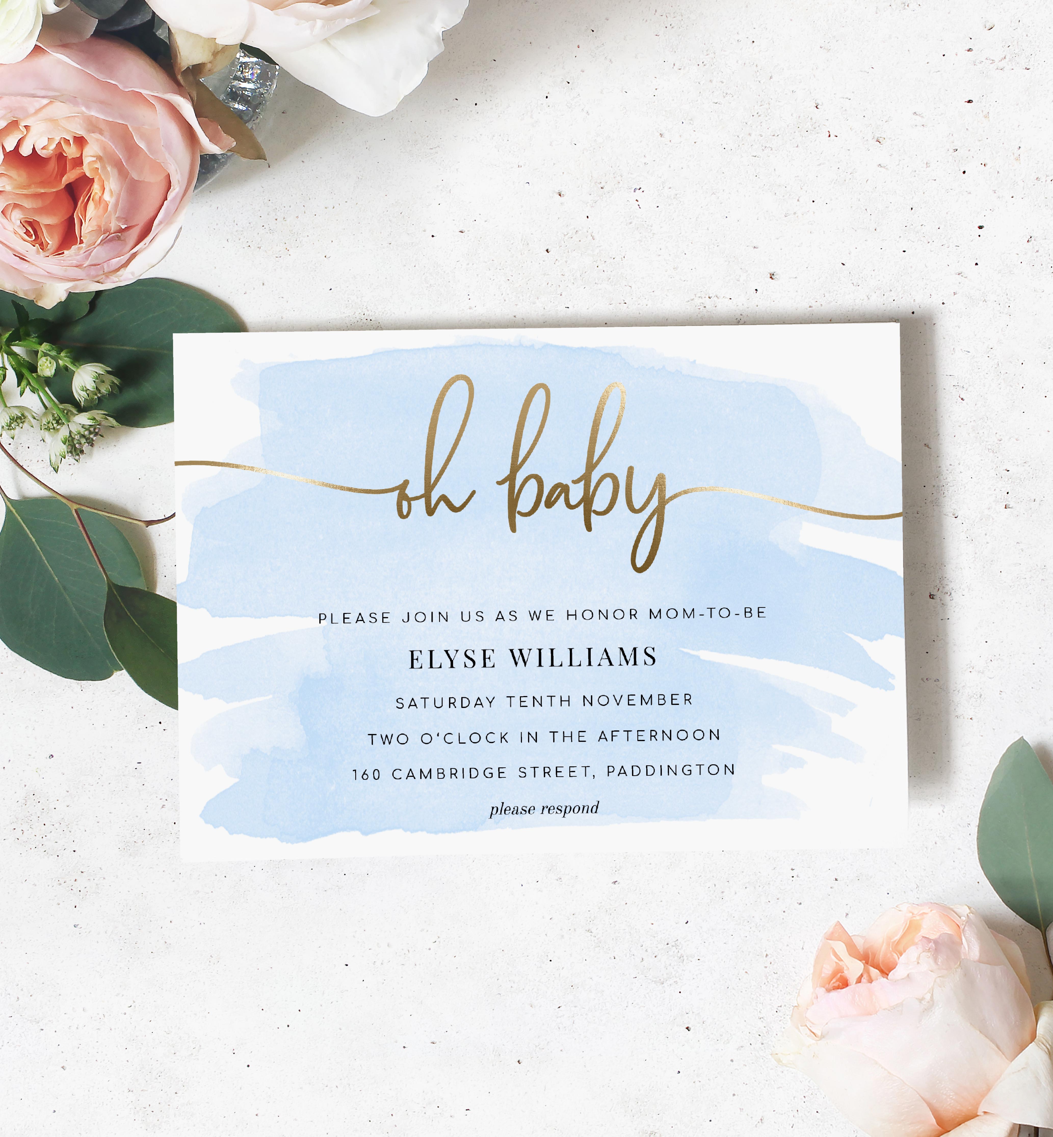 WAT-BLU-1-B564 - WATERCOLOUR BLUE - GOLD FOIL - OH BABY INVITATION design preview