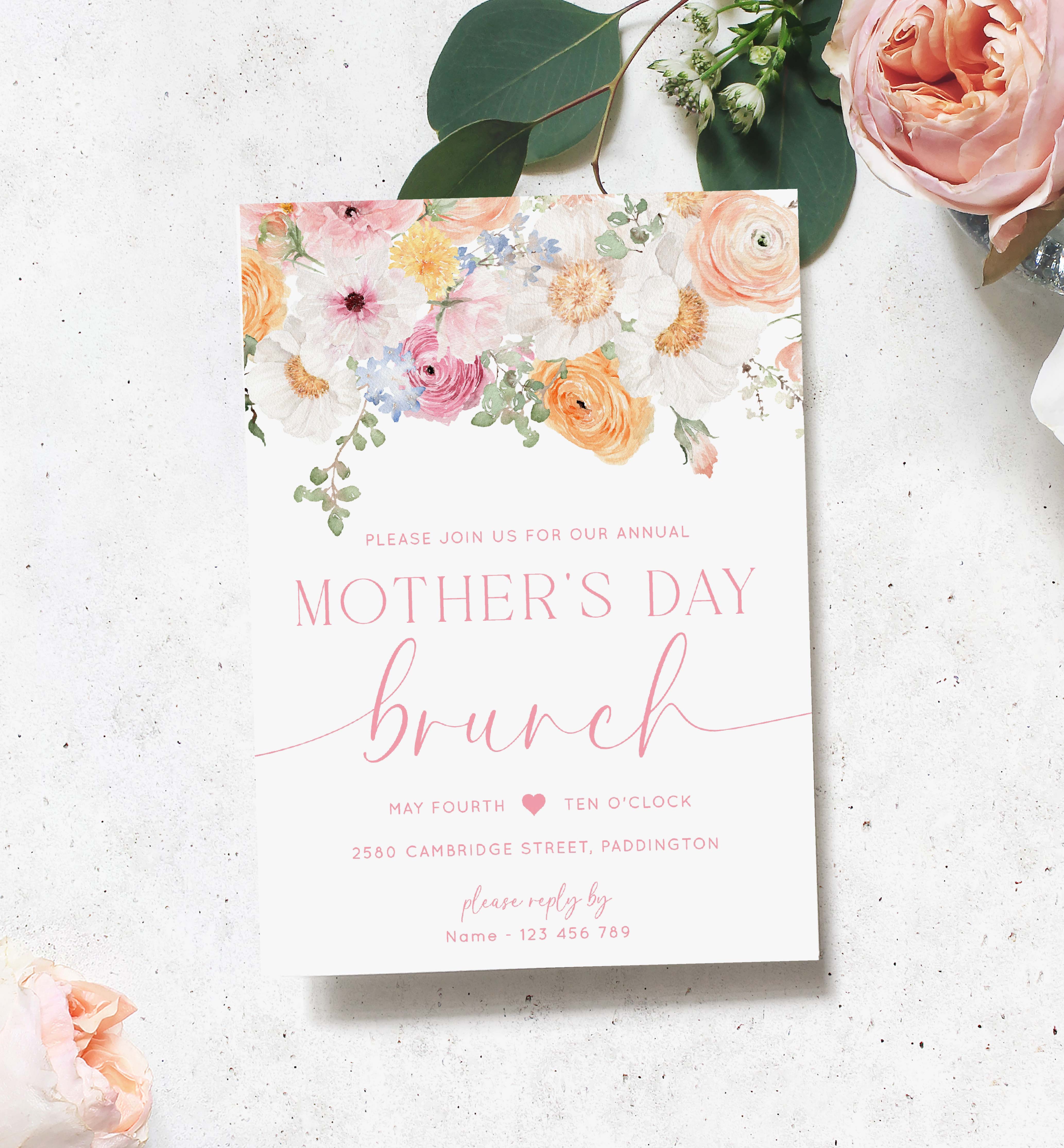 MIL-WHT-1-B3078 - MILLIE FLORAL - WHITE - MOTHER'S DAY BRUNCH INVITATION design preview