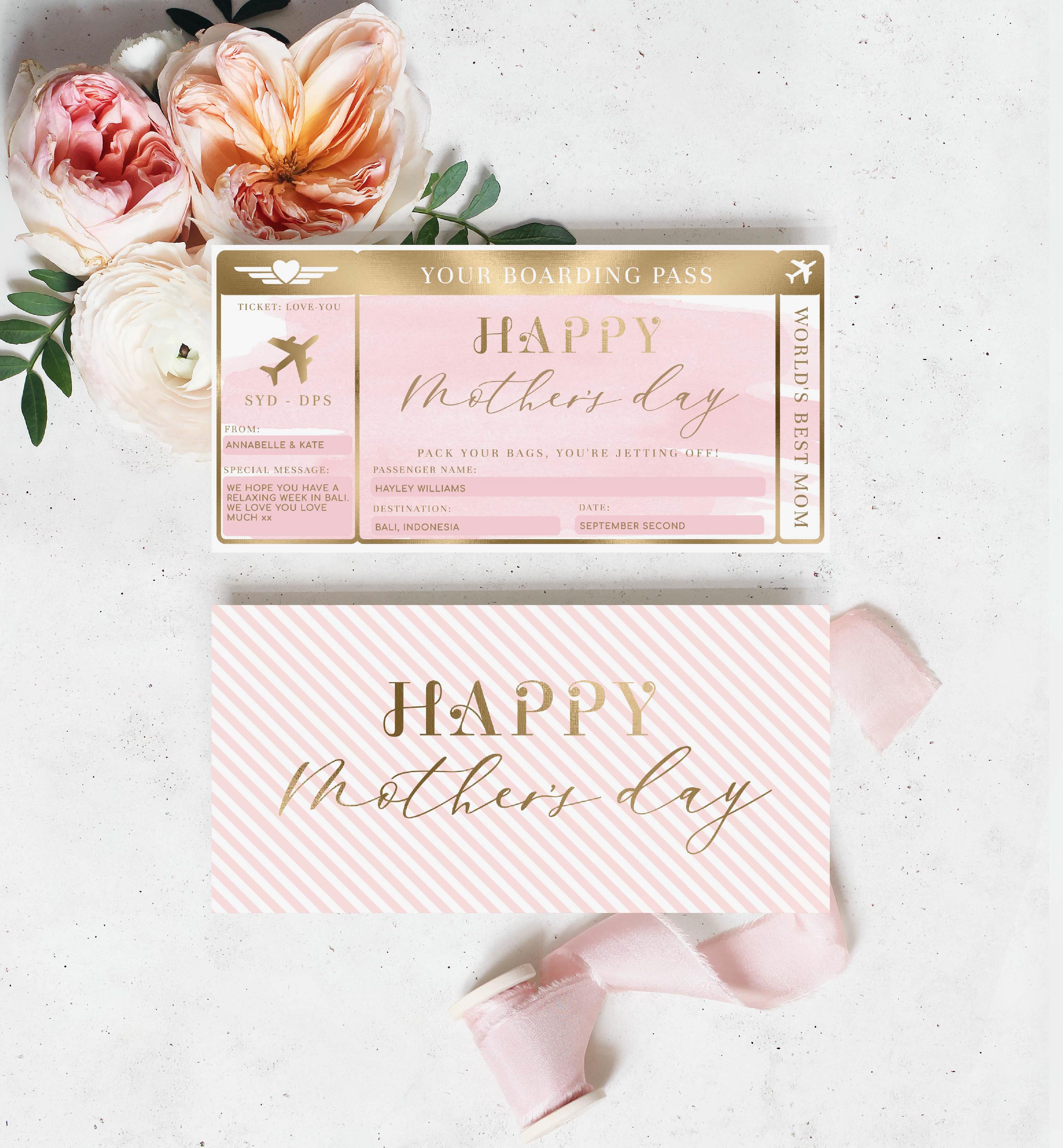 WAT-PNK-14-B1825 - WATERCOLOUR PINK - GOLD - MOTHER'S DAY BOARDING PASS design preview