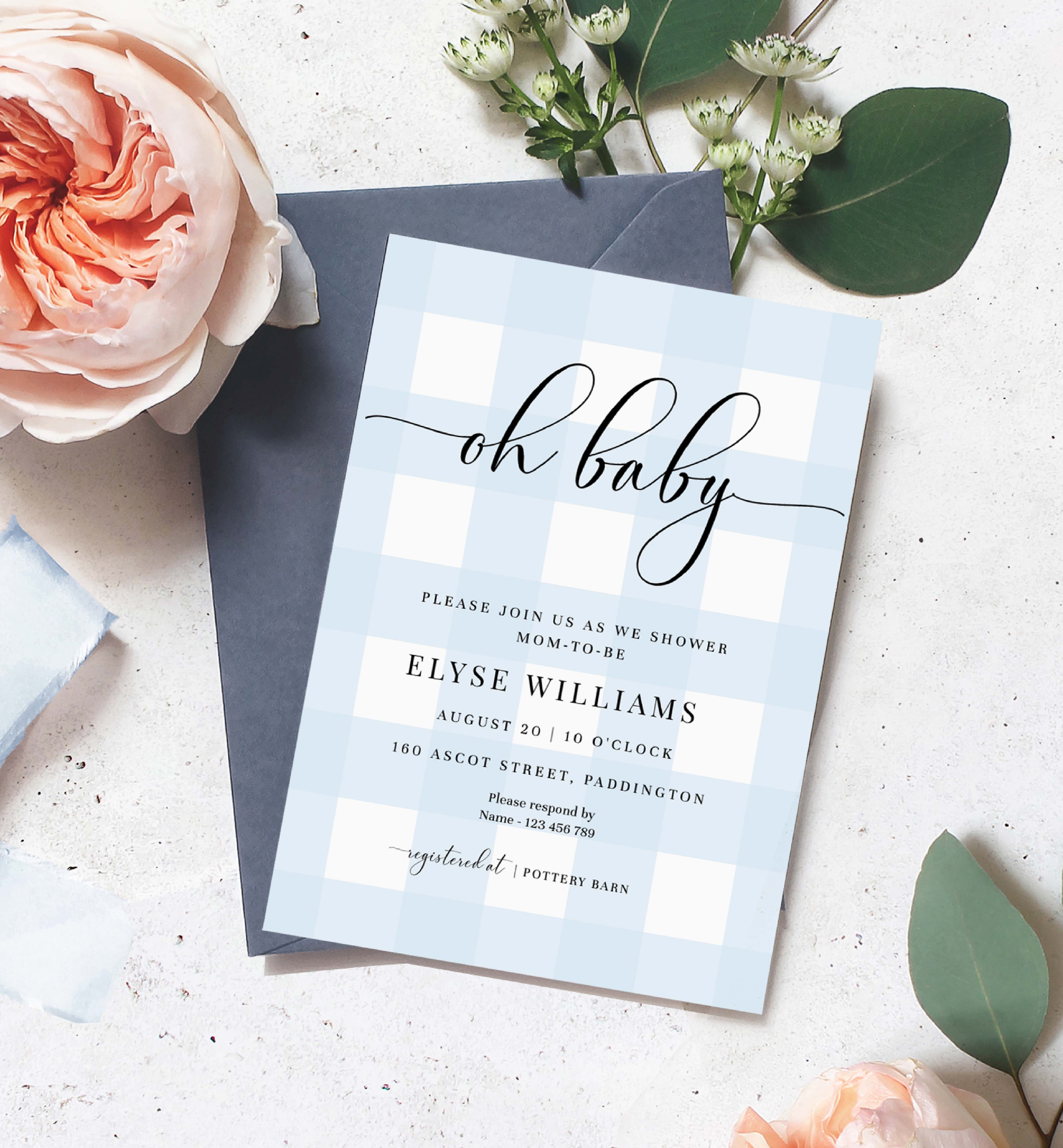 GIN-BLU-1-B2846 - GINGHAM - BLUE - OH BABY SHOWER INVITATION design preview