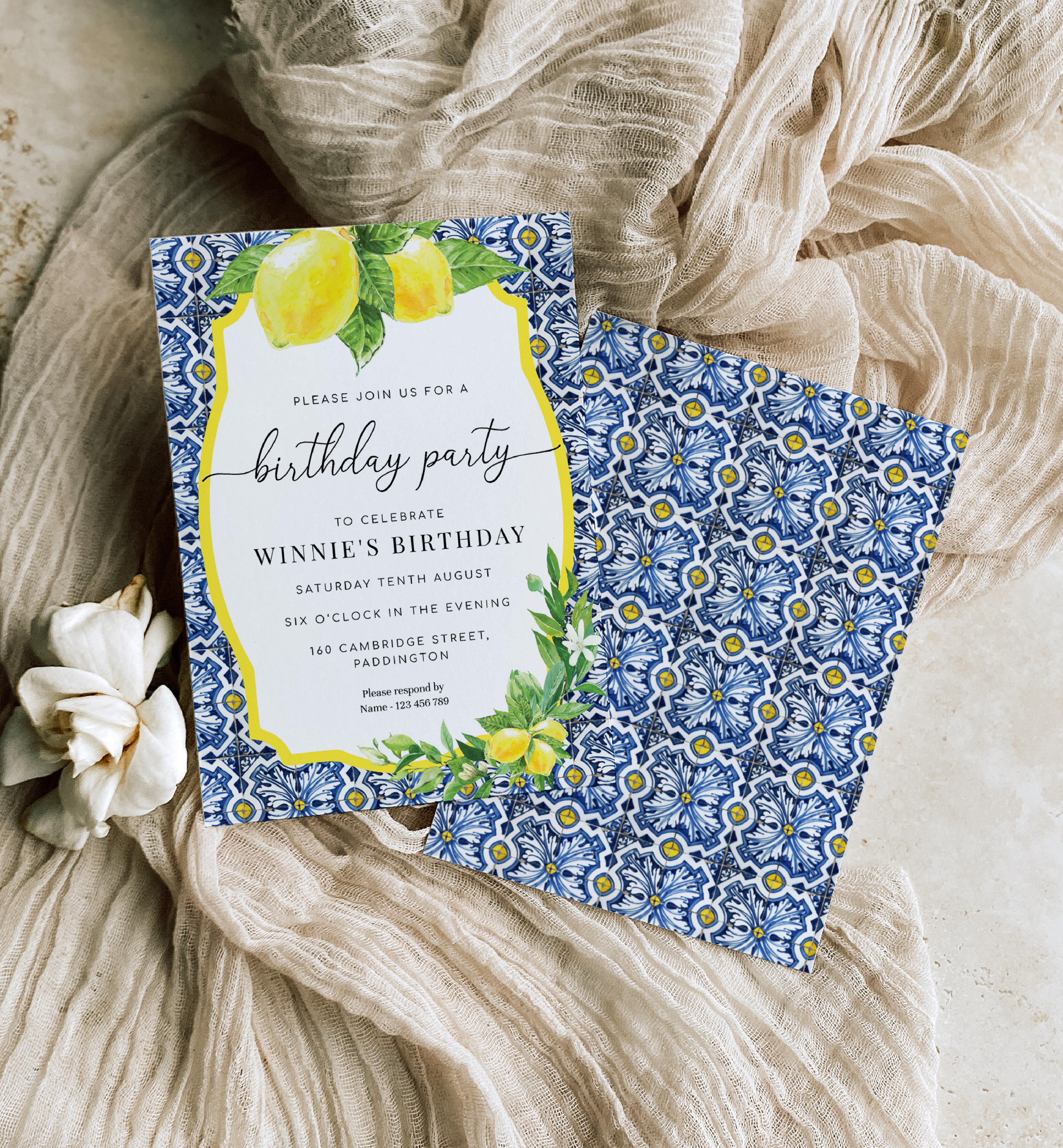 POS-BLY-1-B227 - POSITANO BLUE TILE LEMONS - BIRTHDAY PARTY INVITATION design preview