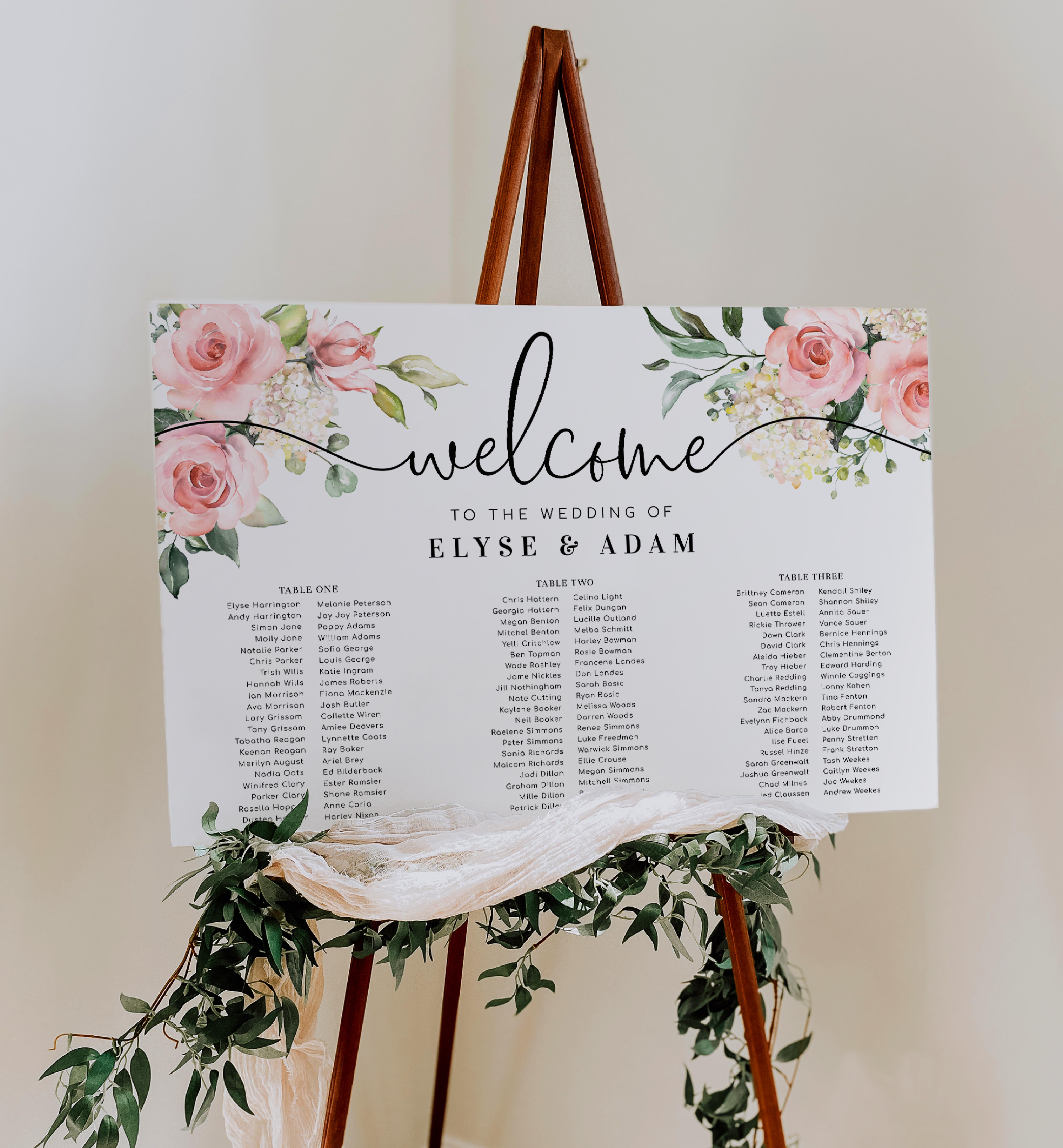DAR-PNK-4-B2387 - DARCY FLORAL - PINK - SEATING CHART 3 BANQUET TABLES design preview