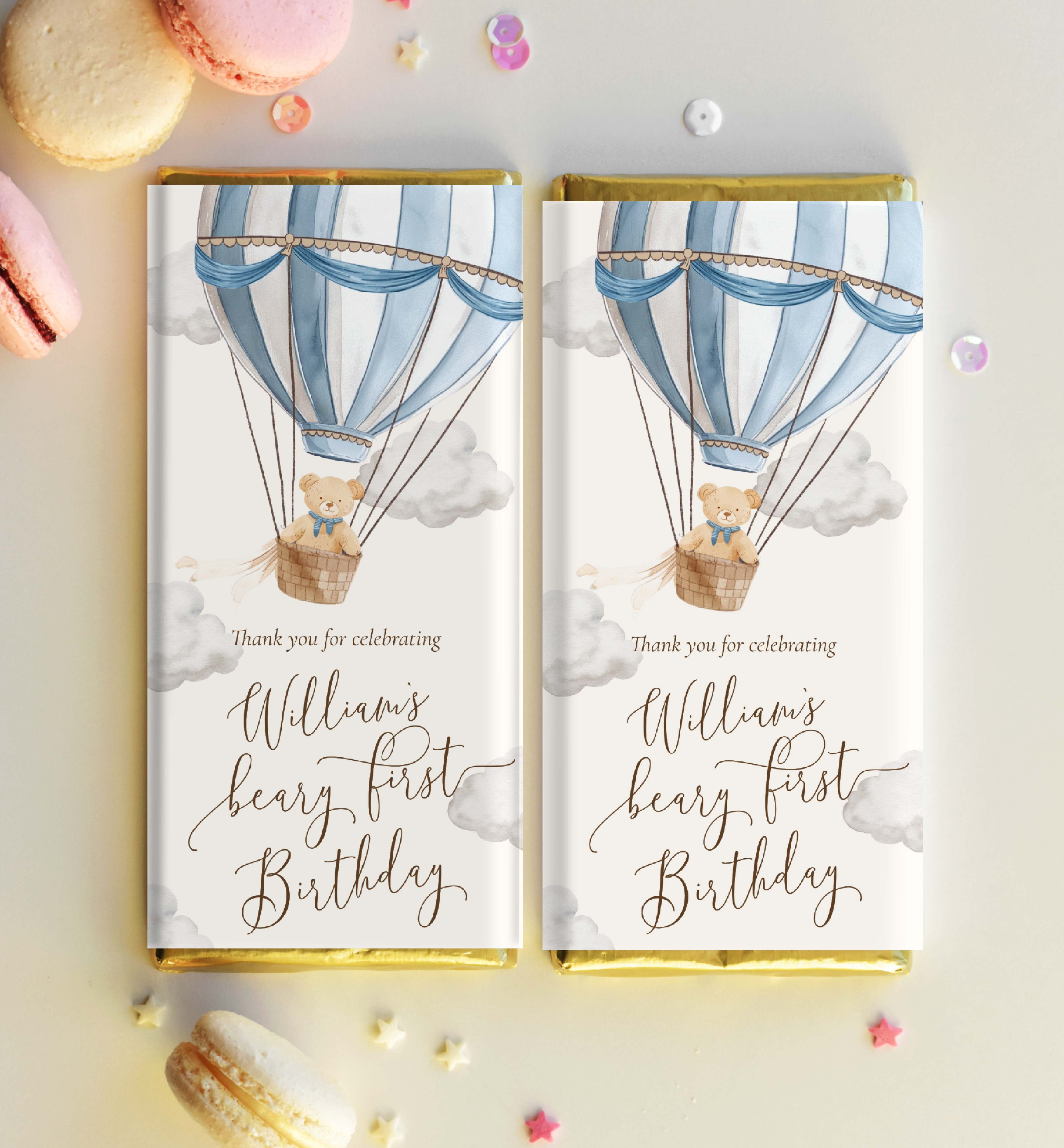 BER-BLU-6-B3632 - BEARLY WAIT - BLUE - BEARY FIRST BIRTHDAY CHOCOLATE WRAPPER design preview